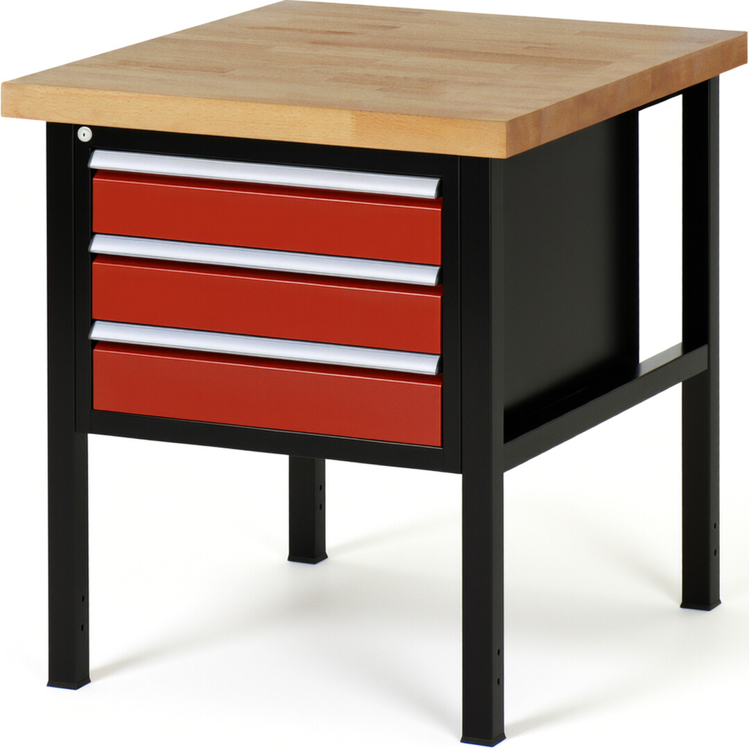Werkbank Modell 8127 schwarz-rot, BxTxH 750x900x840-1040 mm,  Buche-Massiv Arbeitsplatte 40 mm,  3 Schubladen mit  Vollauszug 100 % und  SoftClosing