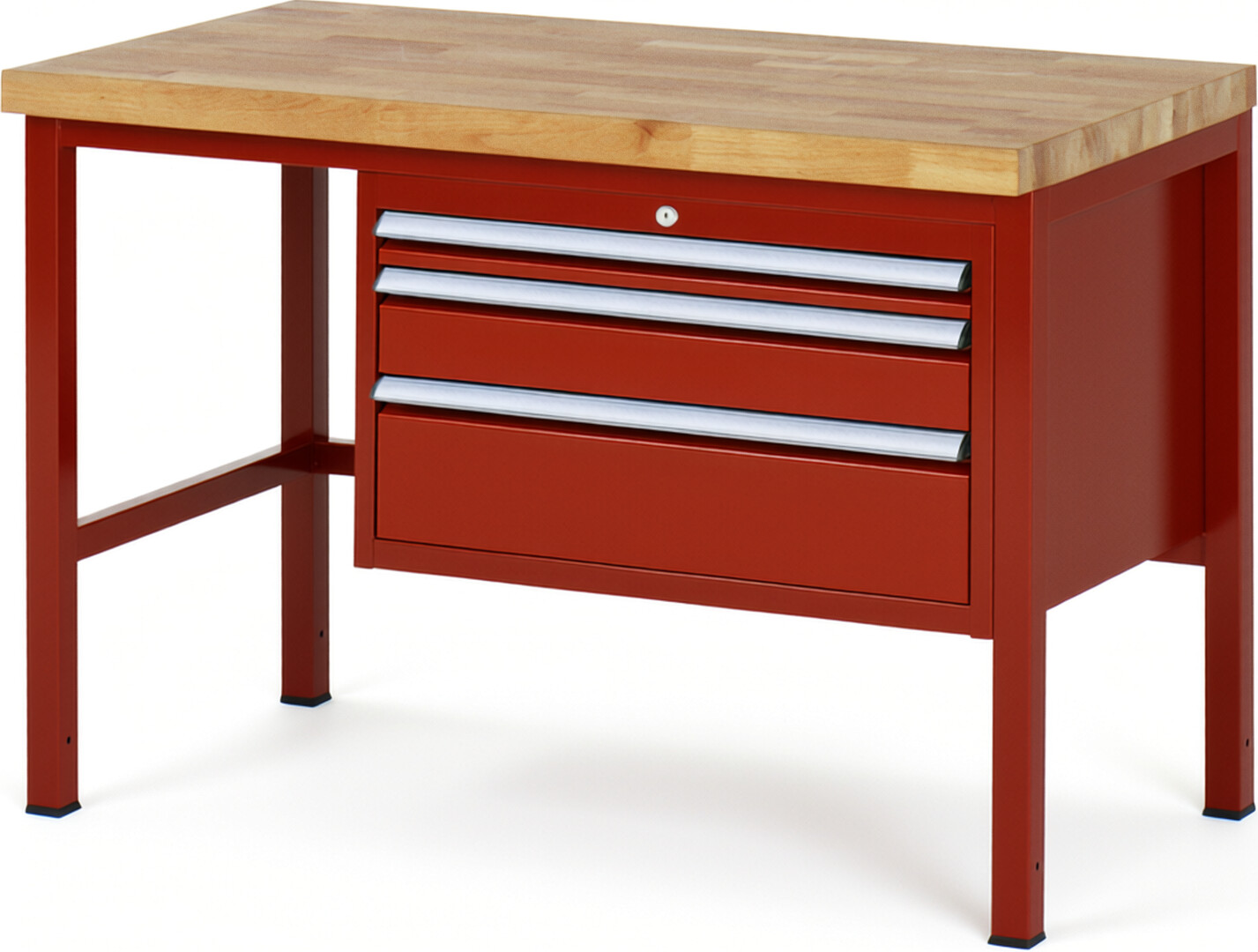 Werkbank Modell 8226 rot, BxTxH 1250x700x840-1040 mm,  Buche-Massiv Arbeitsplatte 40 mm,  3 Schubladen mit  Vollauszug 100 % und  SoftClosing