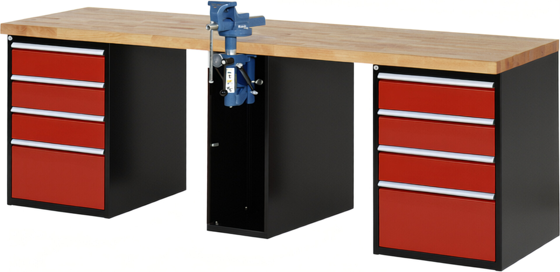 Werkbank Modell 7510 schwarz-rot, BxTxH 2500x700x840 mm,  Buche-Massiv Arbeitsplatte 40 mm,  8 Schubladen mit  Auszug 90 %
