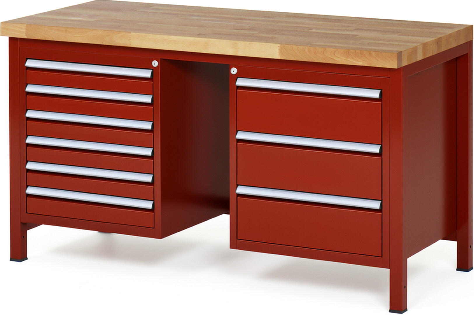 Werkbank Modell 8183 rot, BxTxH 1500x700x840 mm,  Buche-Massiv Arbeitsplatte 40 mm,  9 Schubladen mit  Vollauszug 100 % und  SoftClosing