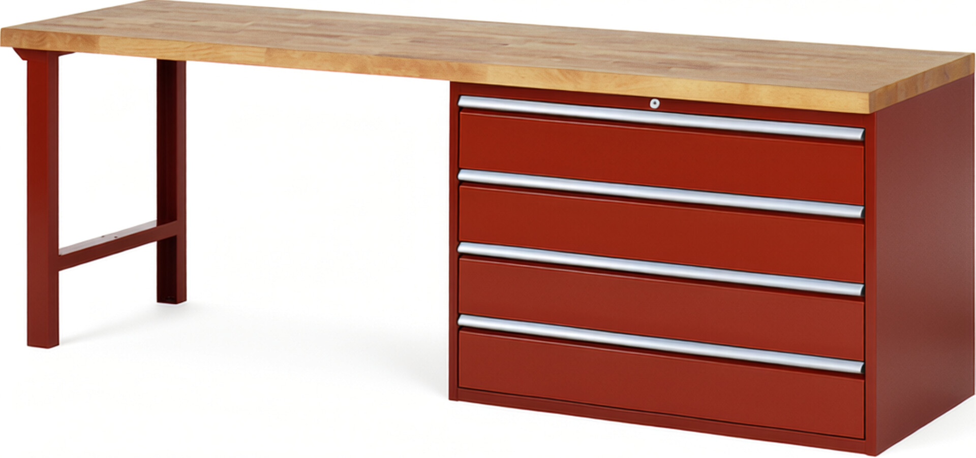 RAU Werkbank rot - Breite 250 cm - Tiefe 70 cm - Höhe 84 cm - Buche-Massiv Arbeitsplatte 40 mm