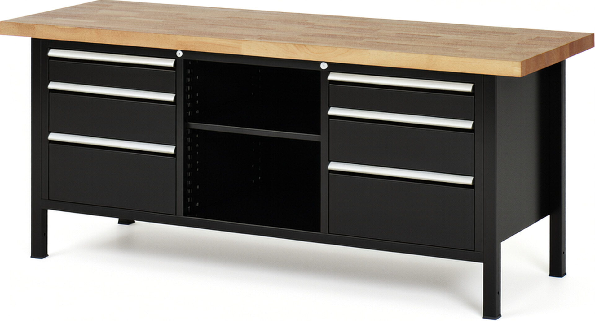 Werkbank Modell 8564 schwarz, BxTxH 2000x700x840 mm,  Buche-Massiv Arbeitsplatte 40 mm,  6 Schubladen mit  Auszug 90 %