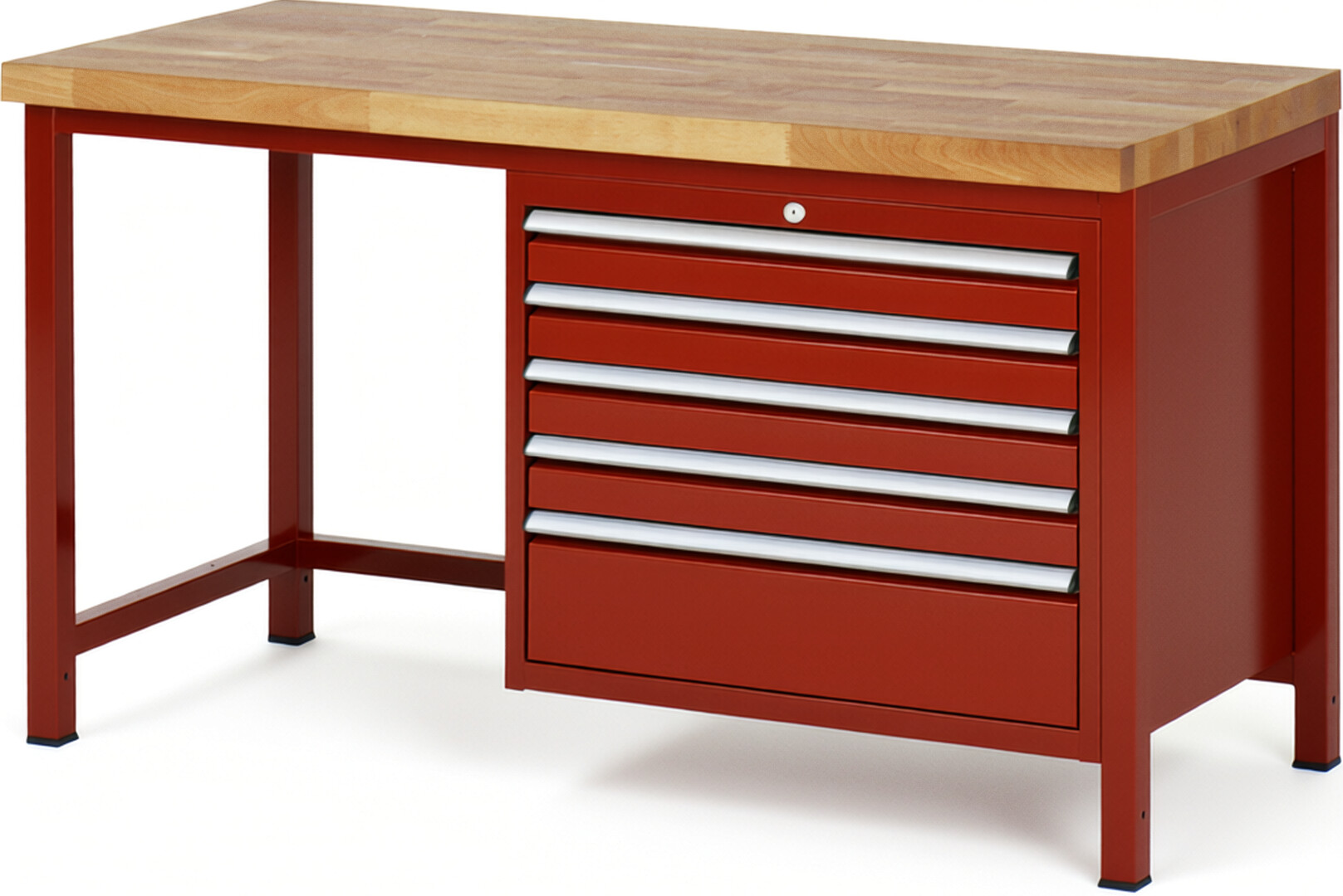 Werkbank Modell 8268 rot, BxTxH 1500x700x840-1040 mm,  Buche-Massiv Arbeitsplatte 40 mm,  5 Schubladen mit  Auszug 90 %
