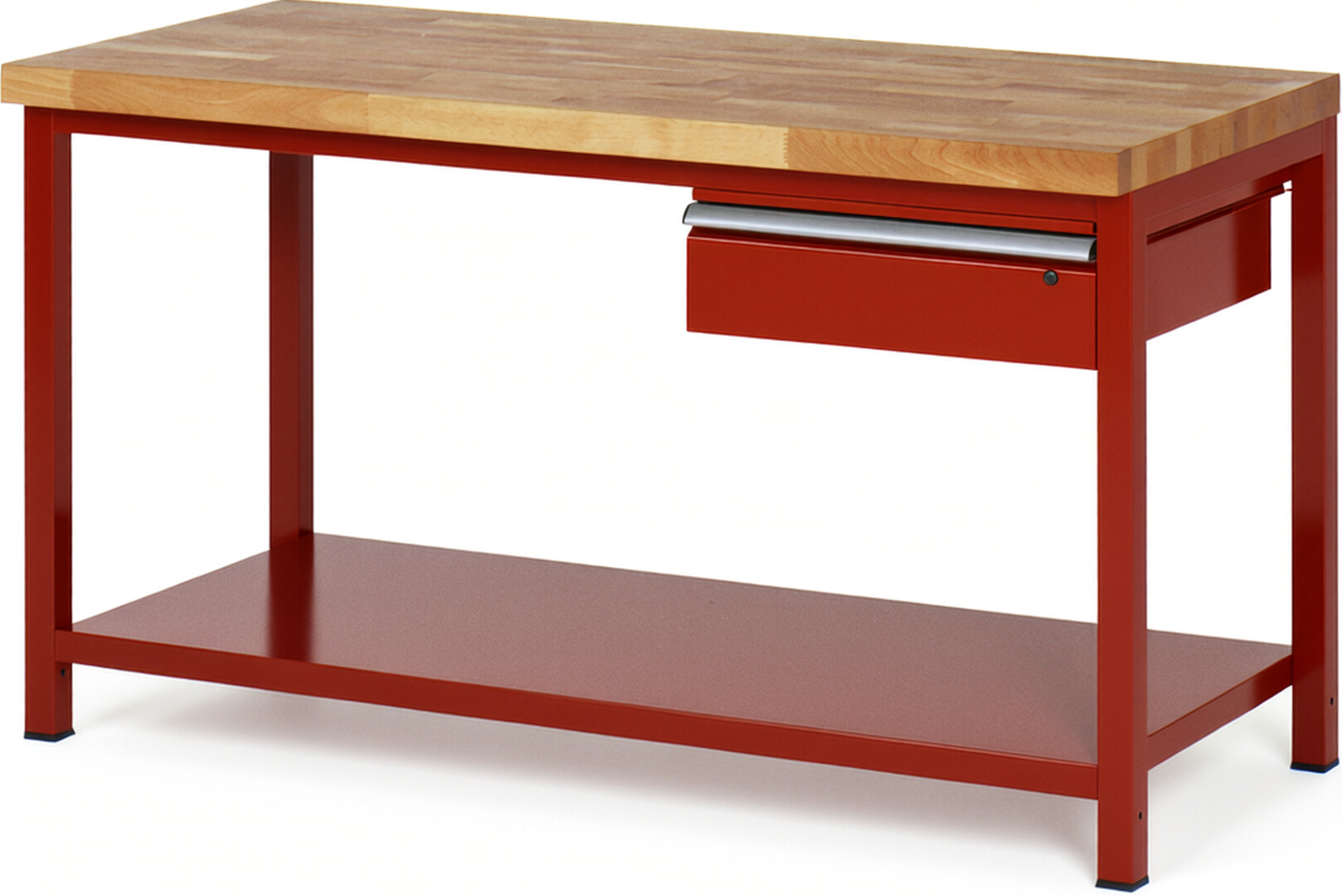 Werkbank Modell 8001 rot, BxTxH 1500x700x840-1040 mm,  Buche-Massiv Arbeitsplatte 40 mm,  1 Schublade mit  Auszug 90 %