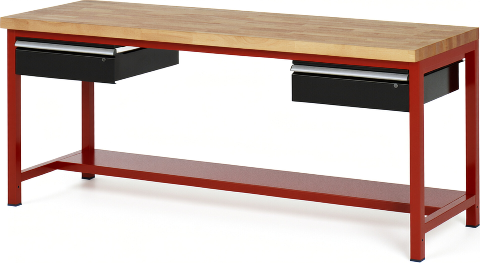 Werkbank Modell 8002 rot - schwarz, BxTxH 2000x700x840 mm,  Buche-Massiv Arbeitsplatte 40 mm,  2 Schubladen mit  Auszug 90 %