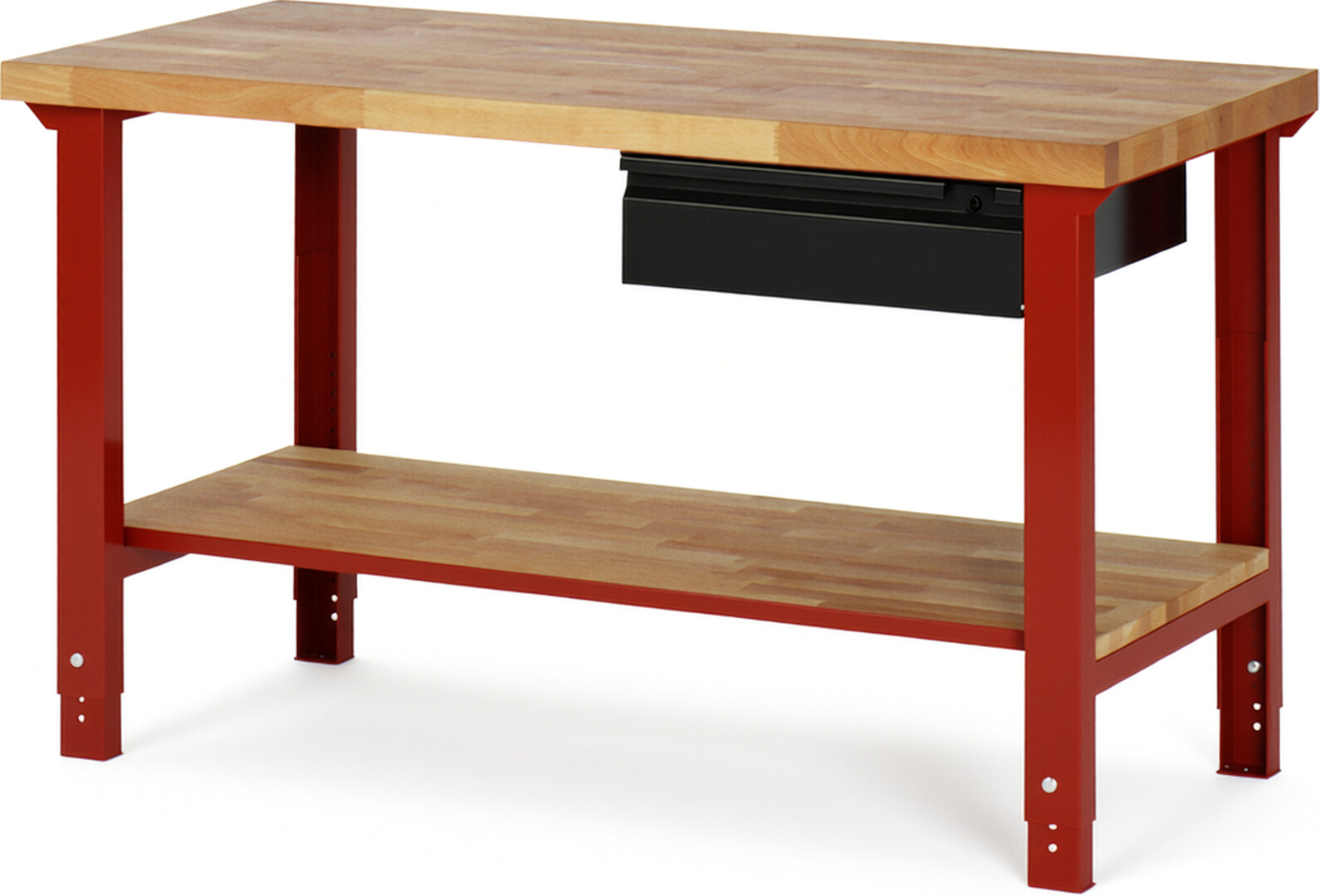 Werkbank - Modell 7001 BASIC rot - schwarz, BxTxH 1500x700x790-1140 mm,  Buche-Massiv Arbeitsplatte 40 mm,  1 Schublade mit  Auszug 90 %