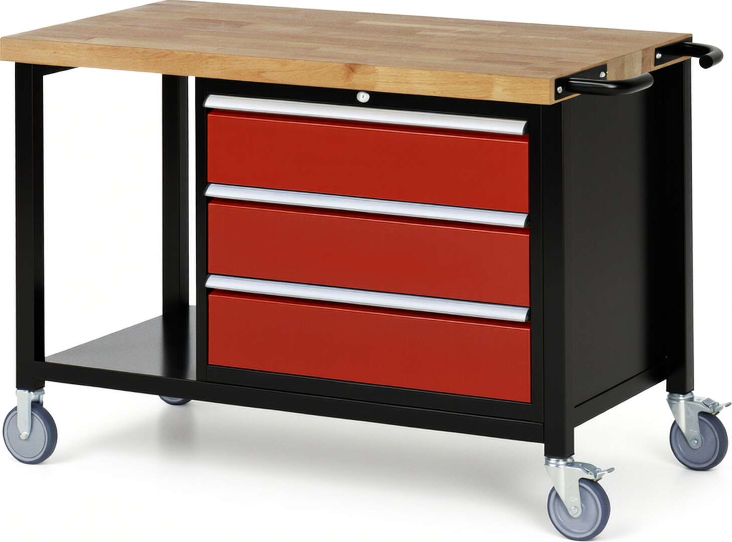 RAU Werkbank schwarz - rot - Breite 125 cm - Tiefe 70 cm - Höhe 108 cm - Buche-Massiv Arbeitsplatte 40 mm