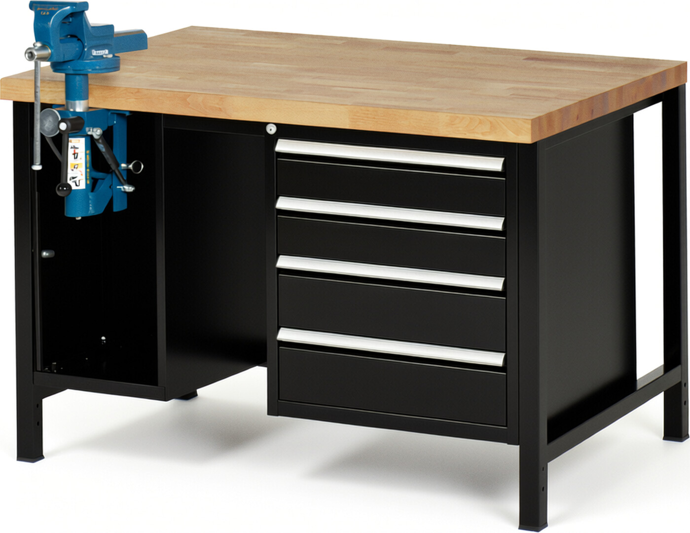 RAU Werkbank schwarz - Breite 125 cm - Tiefe 90 cm - Höhe 84 cm - Buche-Massiv Arbeitsplatte 40 mm