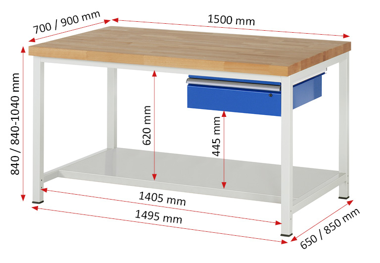 Werkbank Modell 8001,  BxTxH 1500x900x840 mm,  Buche-Massiv Arbeitsplatte 40 mm,  1 Schublade mit  Auszug 90 %