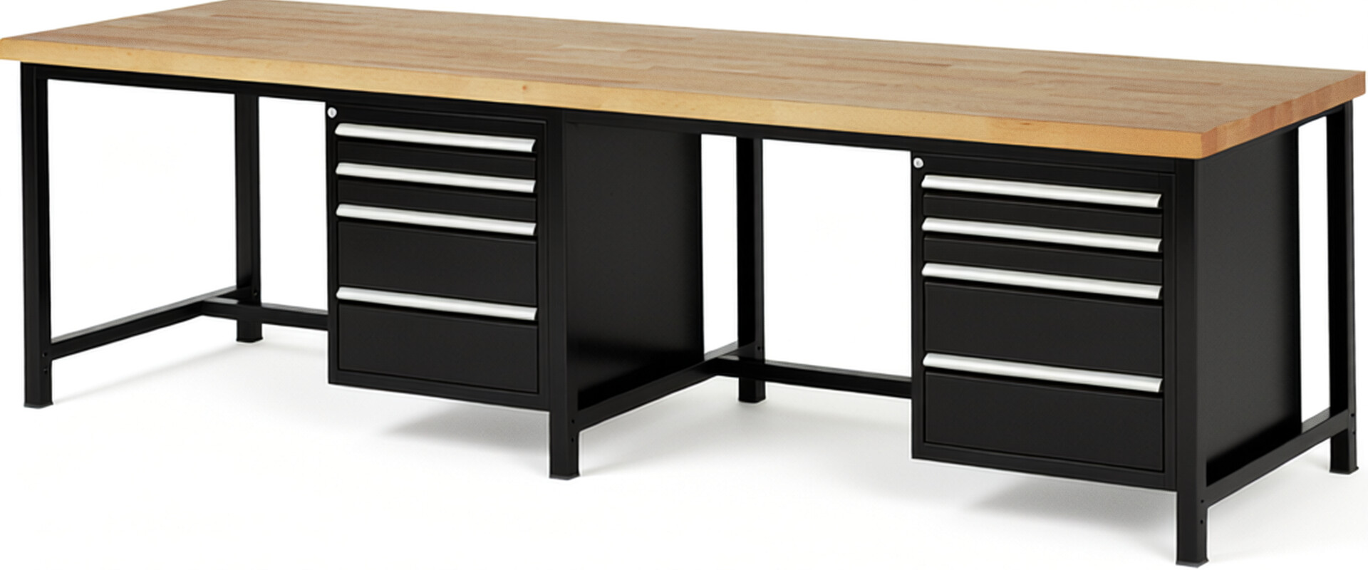 Werkbank Modell 8161 schwarz, BxTxH 3000x900x840 mm,  Buche-Massiv Arbeitsplatte 40 mm,  8 Schubladen mit  Auszug 90 %