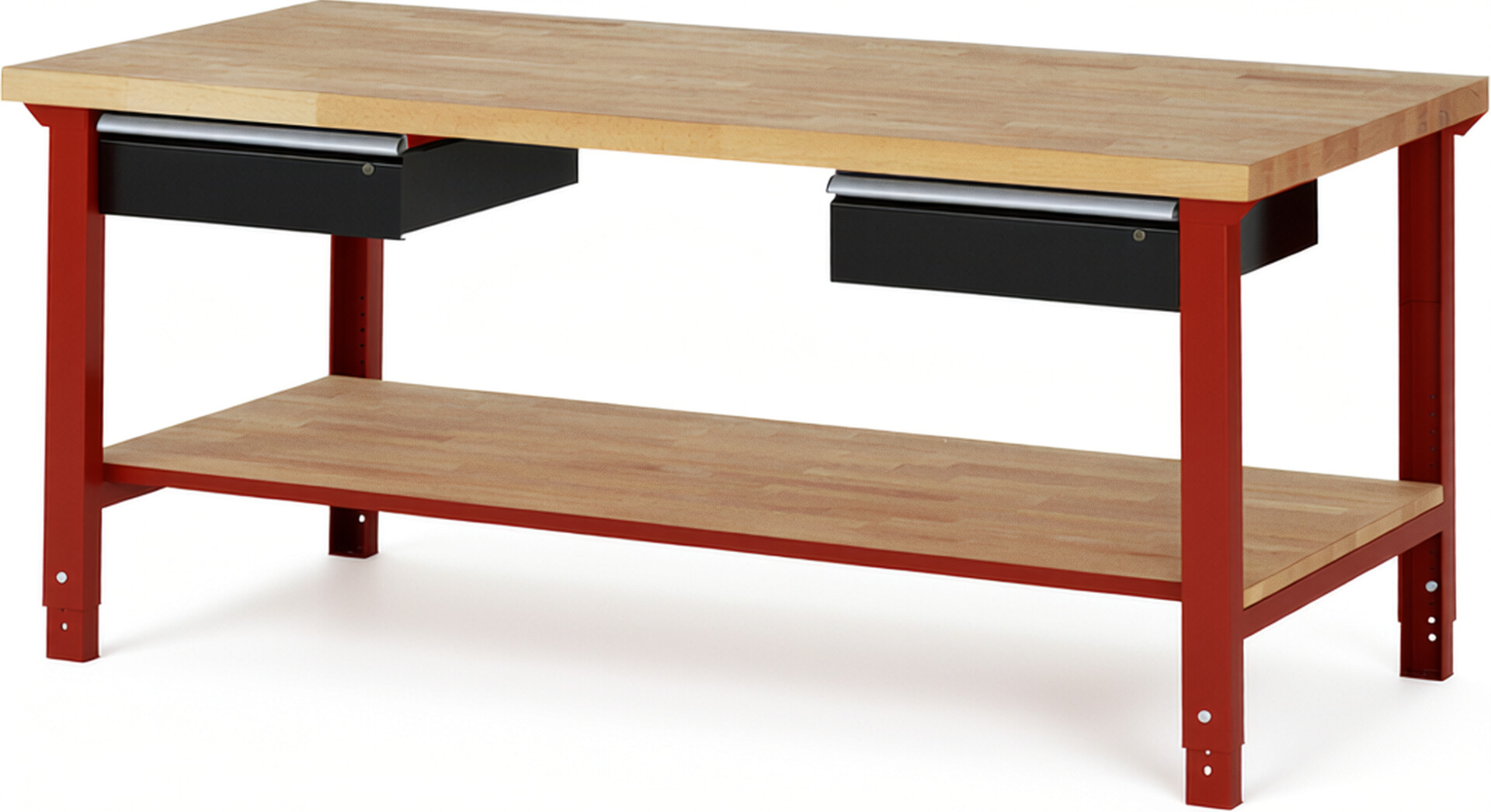 Werkbank Modell 7002 rot - schwarz, BxTxH 2000x900x790-1140 mm,  Buche-Massiv Arbeitsplatte 40 mm,  2 Schubladen mit  Auszug 90 %