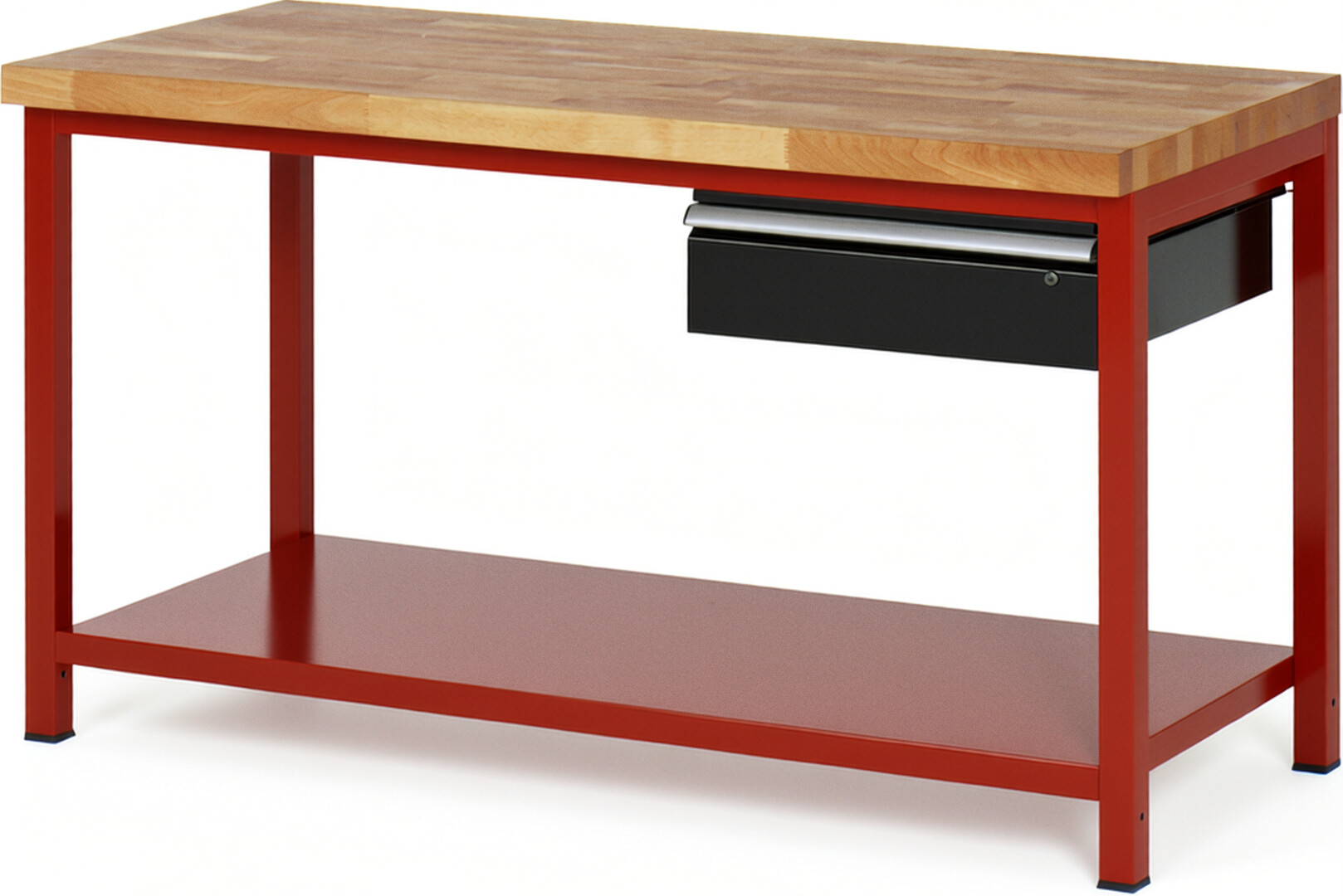 Werkbank Modell 8001 rot - schwarz, BxTxH 1500x700x840-1040 mm,  Buche-Massiv Arbeitsplatte 40 mm,  1 Schublade mit  Auszug 90 %