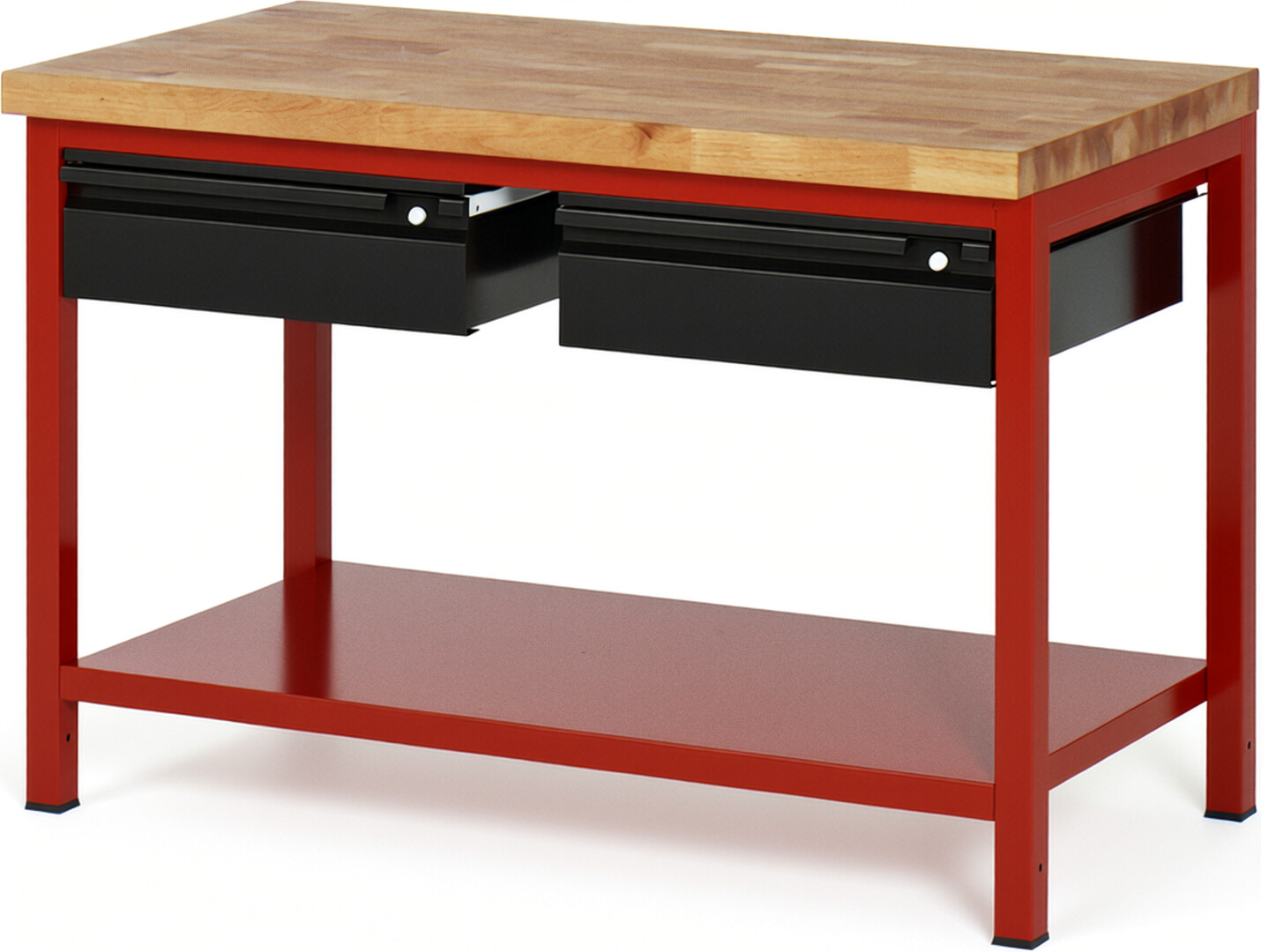 Werkbank - Modell 8002 BASIC rot - schwarz, BxTxH 1250x700x840 mm,  Buche-Massiv Arbeitsplatte 40 mm,  2 Schubladen mit  Auszug 90 %