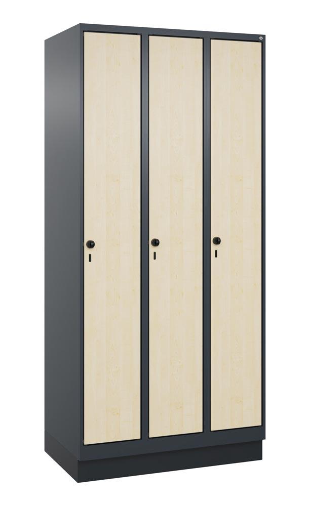 Garderobenschrank, Sockel, 3 Abt., Abt.B 300 mm, BxTxH 900x500x1950 mm, HPL-Dekorfront, RAL 7016/Dekor Ahorn