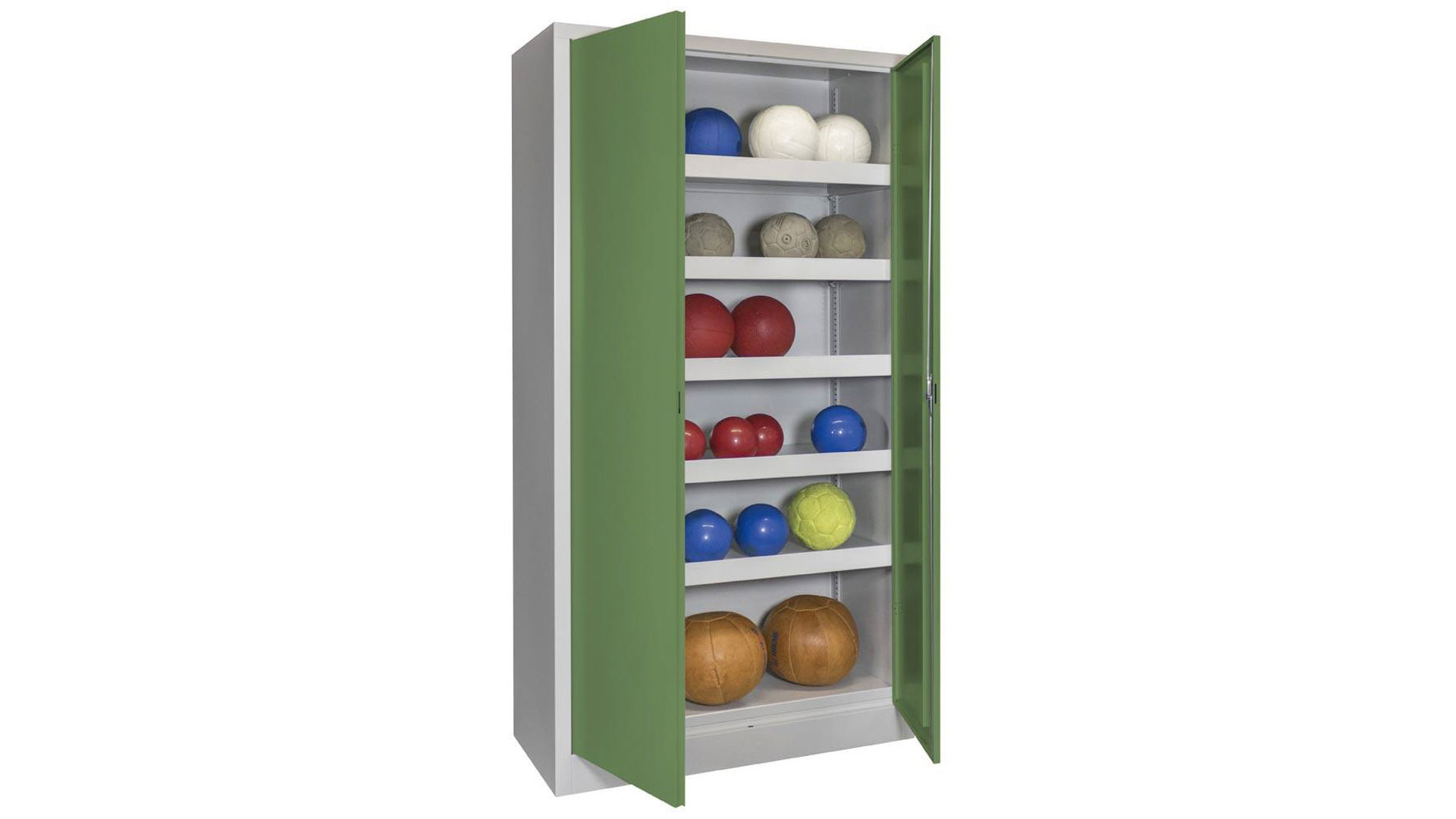 Sportschrank, Ballschrank - Vollblechtüren - 5 Böden - 1.950x1.000x500 mm (HxBxT) - lichtgrau/resedagrün