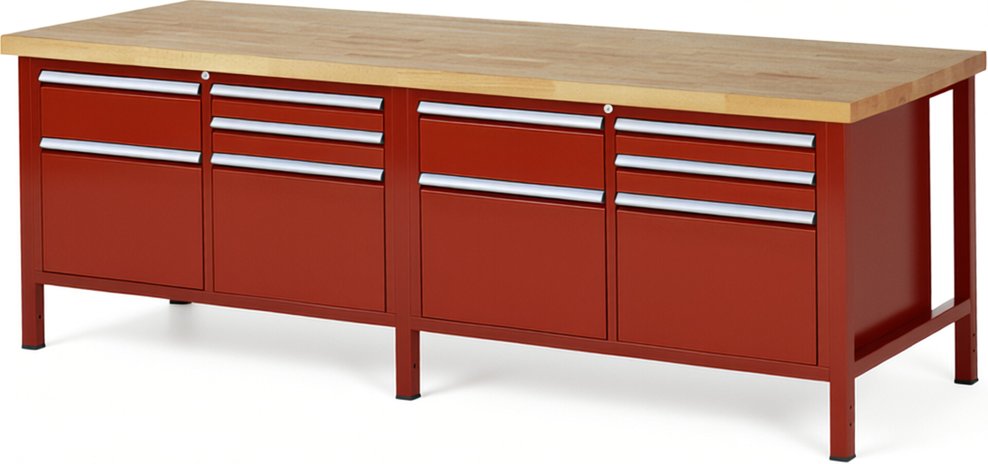 Werkbank Modell 8472 rot, BxTxH 2500x900x840 mm,  Buche-Massiv Arbeitsplatte 40 mm,  10 Schubladen mit  Vollauszug 100 % und  SoftClosing