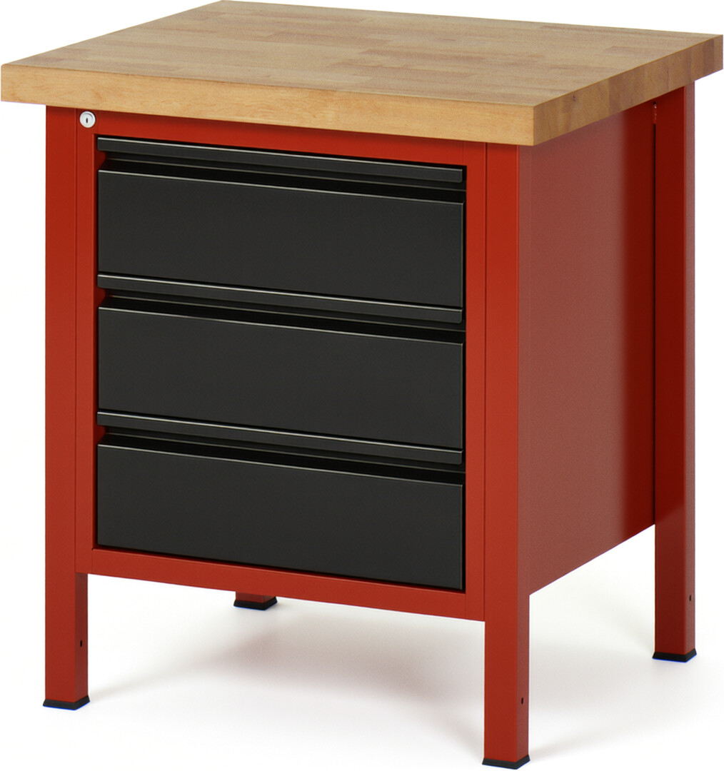 Werkbank rot - schwarz, BxTxH 750x700x840-1040 mm, Platte Buche 40 mm, 6 Schubladen: 3x90 mm, 3x150 mm, RAL 3000/9011