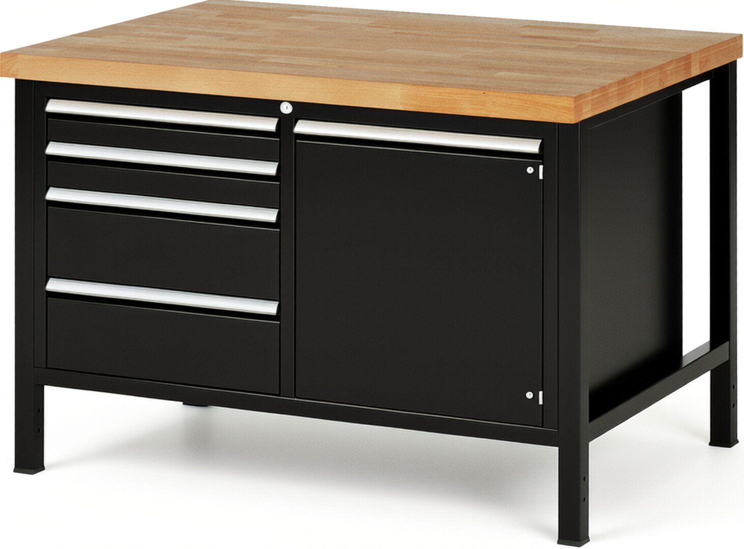 Werkbank Modell 8470 schwarz, BxTxH 1250x900x840-1040 mm,  Buche-Massiv Arbeitsplatte 40 mm,  4 Schubladen mit  Auszug 90 %