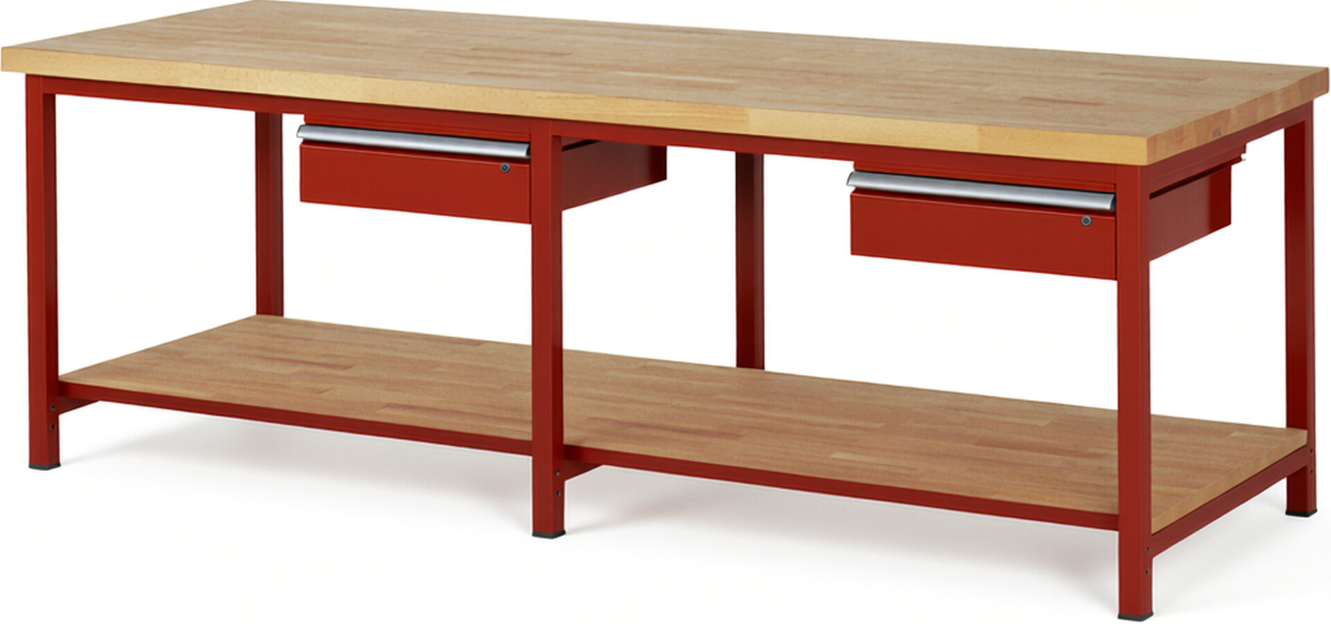 Werkbank Modell 8001 rot, BxTxH 2500x900x840-1040 mm,  Buche-Massiv Arbeitsplatte 40 mm,  2 Schubladen mit  Auszug 90 %