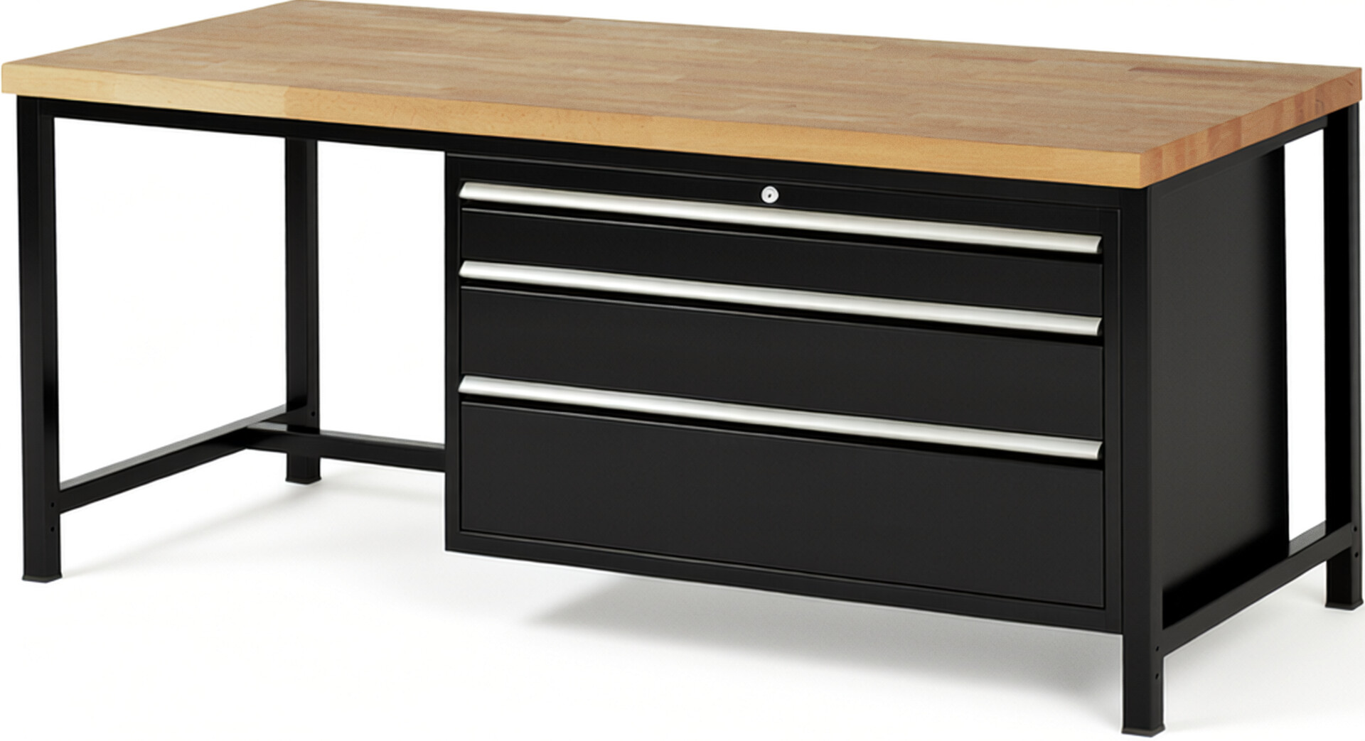 Werkbank Modell 8359 schwarz, BxTxH 2000x900x840-1040 mm,  Buche-Massiv Arbeitsplatte 40 mm,  3 Schubladen mit  Vollauszug 100 % und  SoftClosing