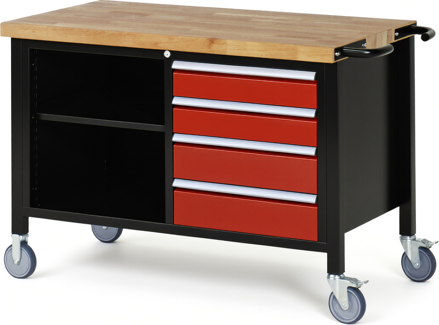 RAU Werkbank schwarz - rot - Breite 125 cm - Tiefe 70 cm - Höhe 88 cm - Buche-Massiv Arbeitsplatte 40 mm