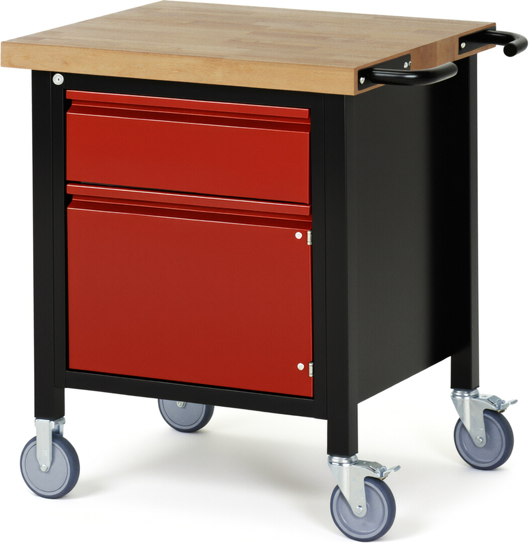 RAU Werkbank schwarz - rot - Breite 75 cm - Tiefe 70 cm - Höhe 88 cm - Buche-Massiv Arbeitsplatte 40 mm