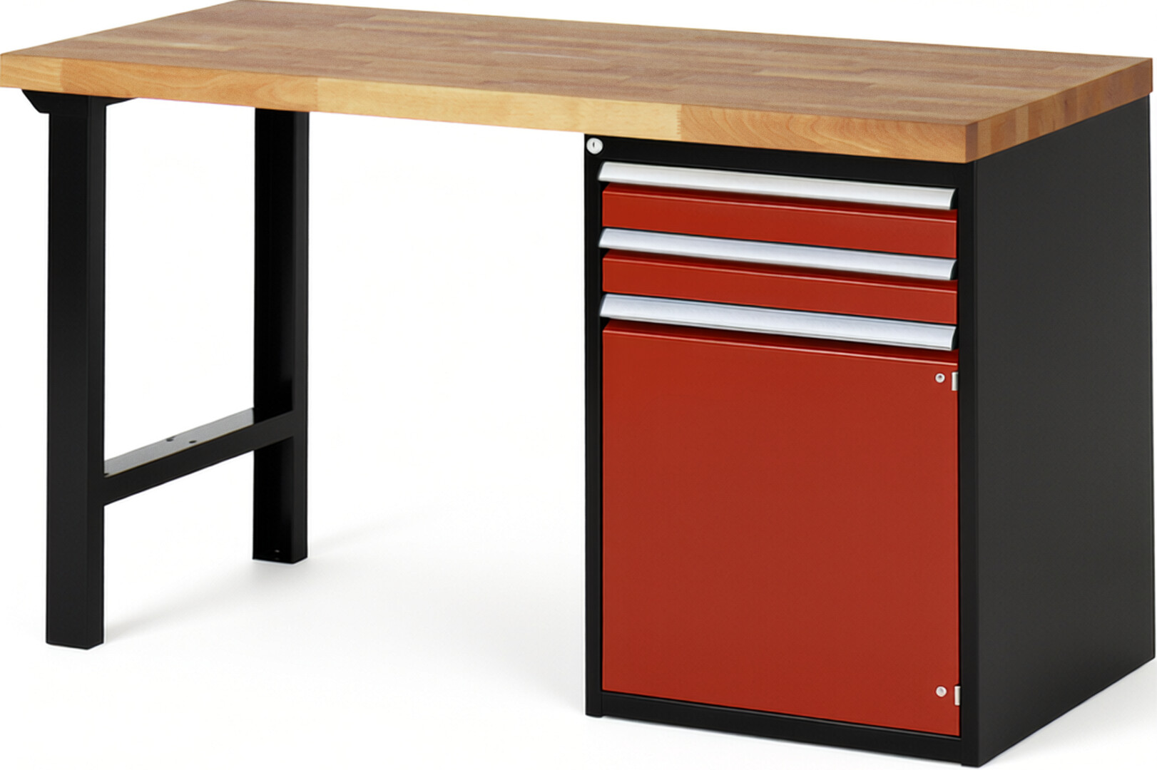 RAU Werkbank schwarz - rot - Breite 150 cm - Tiefe 70 cm - Höhe 84 cm - Buche-Massiv Arbeitsplatte 40 mm