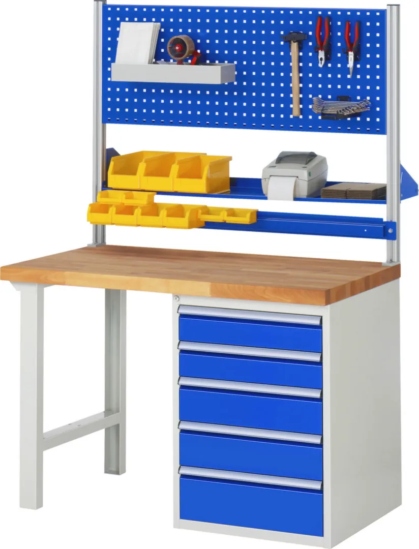 Werkbank Modell 7519 rot, BxTxH 1250x900x890 mm,  Buche-Massiv Arbeitsplatte 40 mm,  8 Schubladen mit  Auszug 90 %