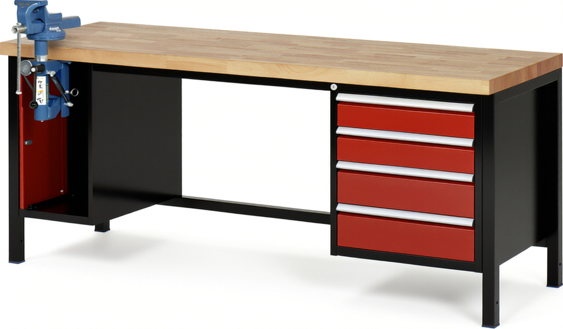 Werkbank Modell 8185 schwarz-rot, BxTxH 2000x700x840-1040 mm,  Buche-Massiv Arbeitsplatte 40 mm,  4 Schubladen mit  Vollauszug 100 % und  SoftClosing