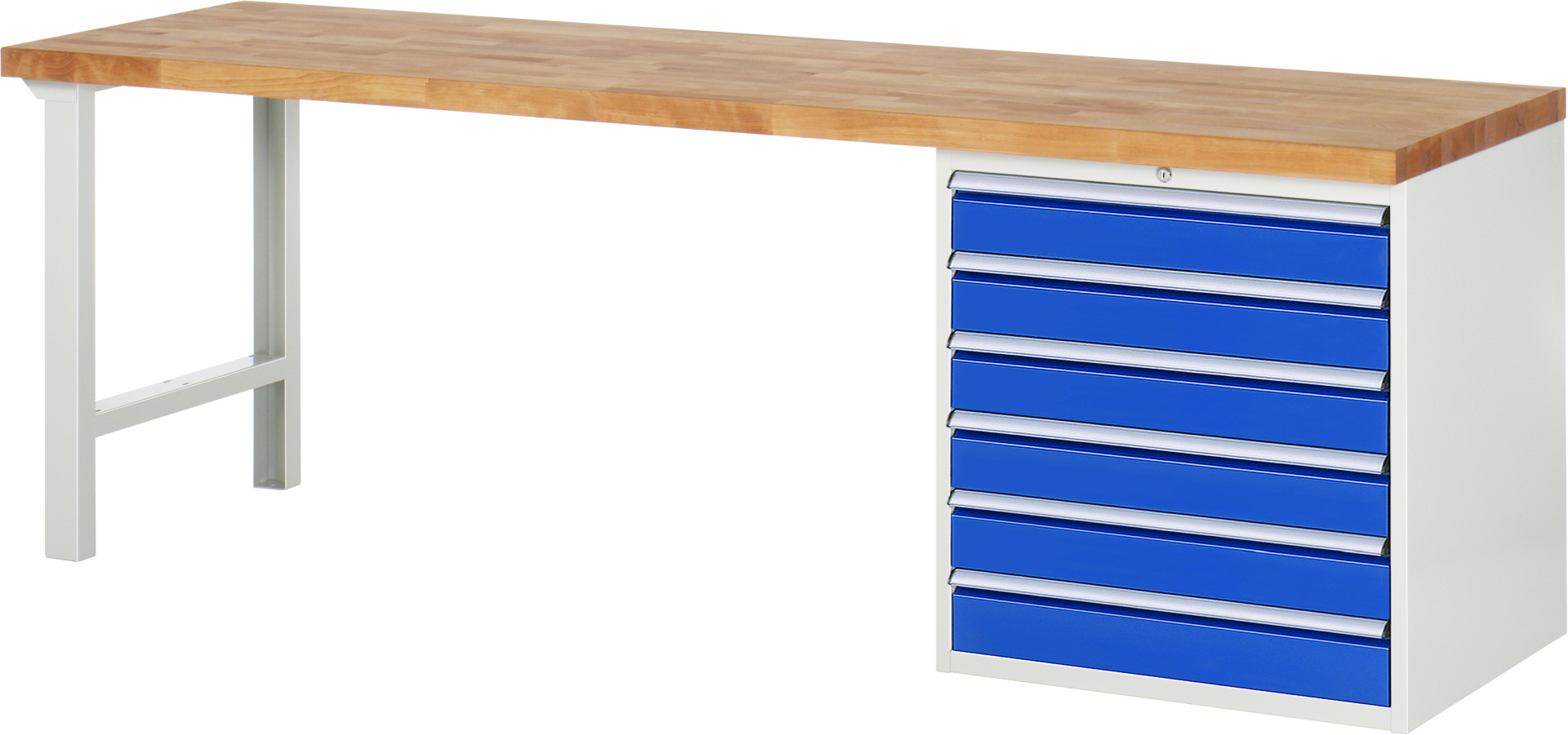 Werkbank Modell 7616 rot - schwarz, BxTxH 2500x700x890 mm,  Buche-Massiv Arbeitsplatte 40 mm,  6 Schubladen mit  Vollauszug 100 % und  SoftClosing