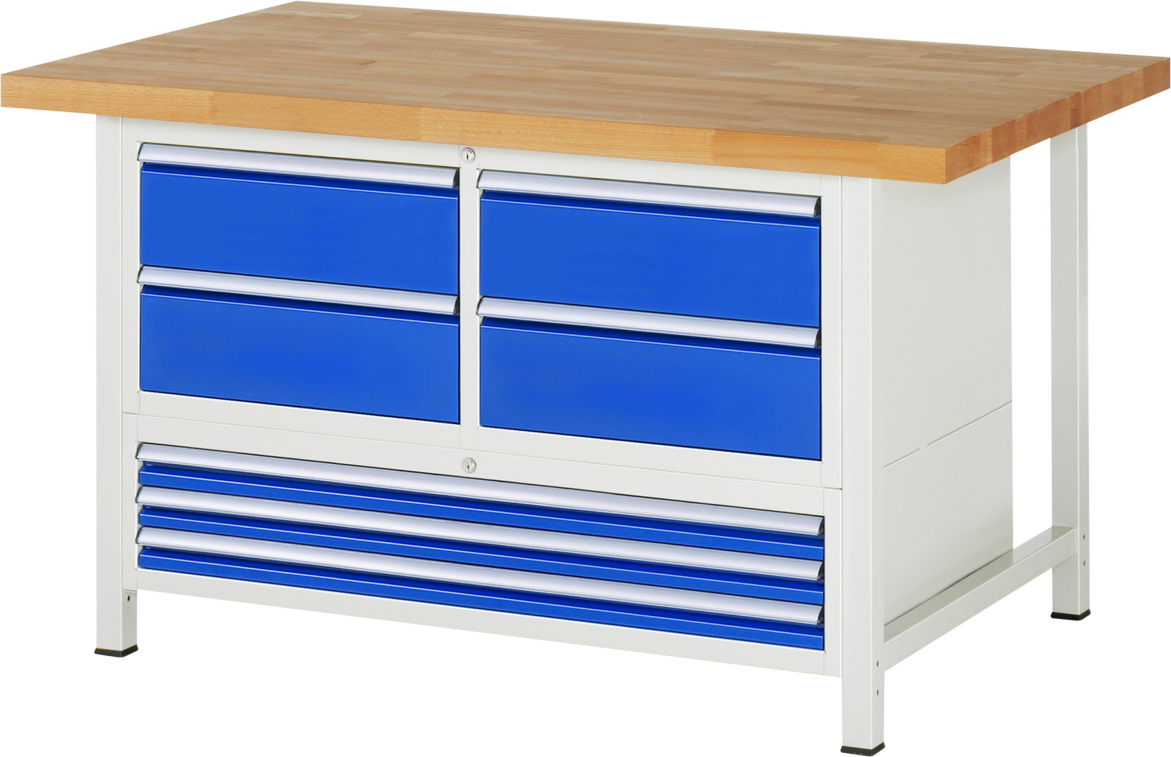 Werkbank Modell 8934,  BxTxH 1500x900x840 mm,  Buche-Massiv Arbeitsplatte 40 mm,  7 Schubladen mit  Vollauszug 100 % und  SoftClosing