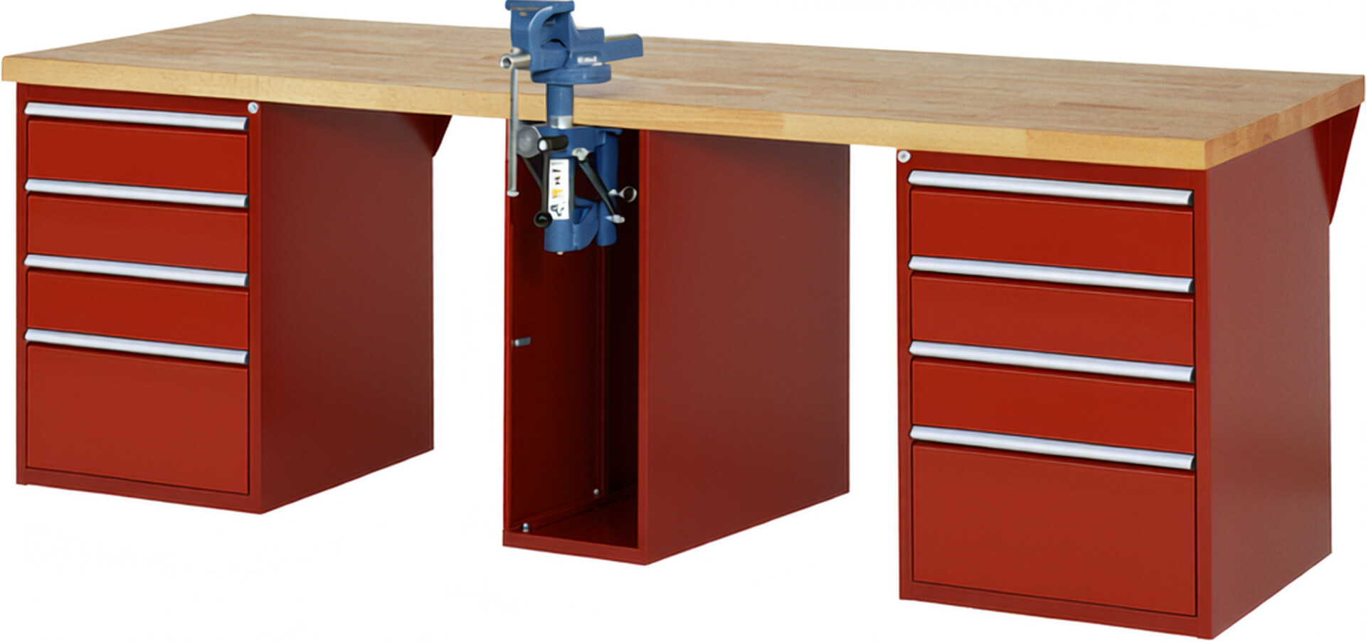 RAU Werkbank rot - Breite 250 cm - Tiefe 90 cm - Höhe 89 cm - Buche-Massiv Arbeitsplatte 40 mm