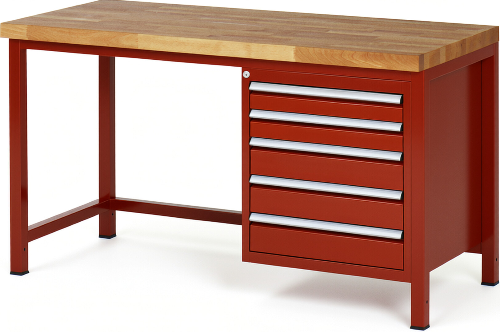 Werkbank Modell 8171 rot, BxTxH 1500x700x840-1040 mm,  Buche-Massiv Arbeitsplatte 40 mm,  5 Schubladen mit  Auszug 90 %