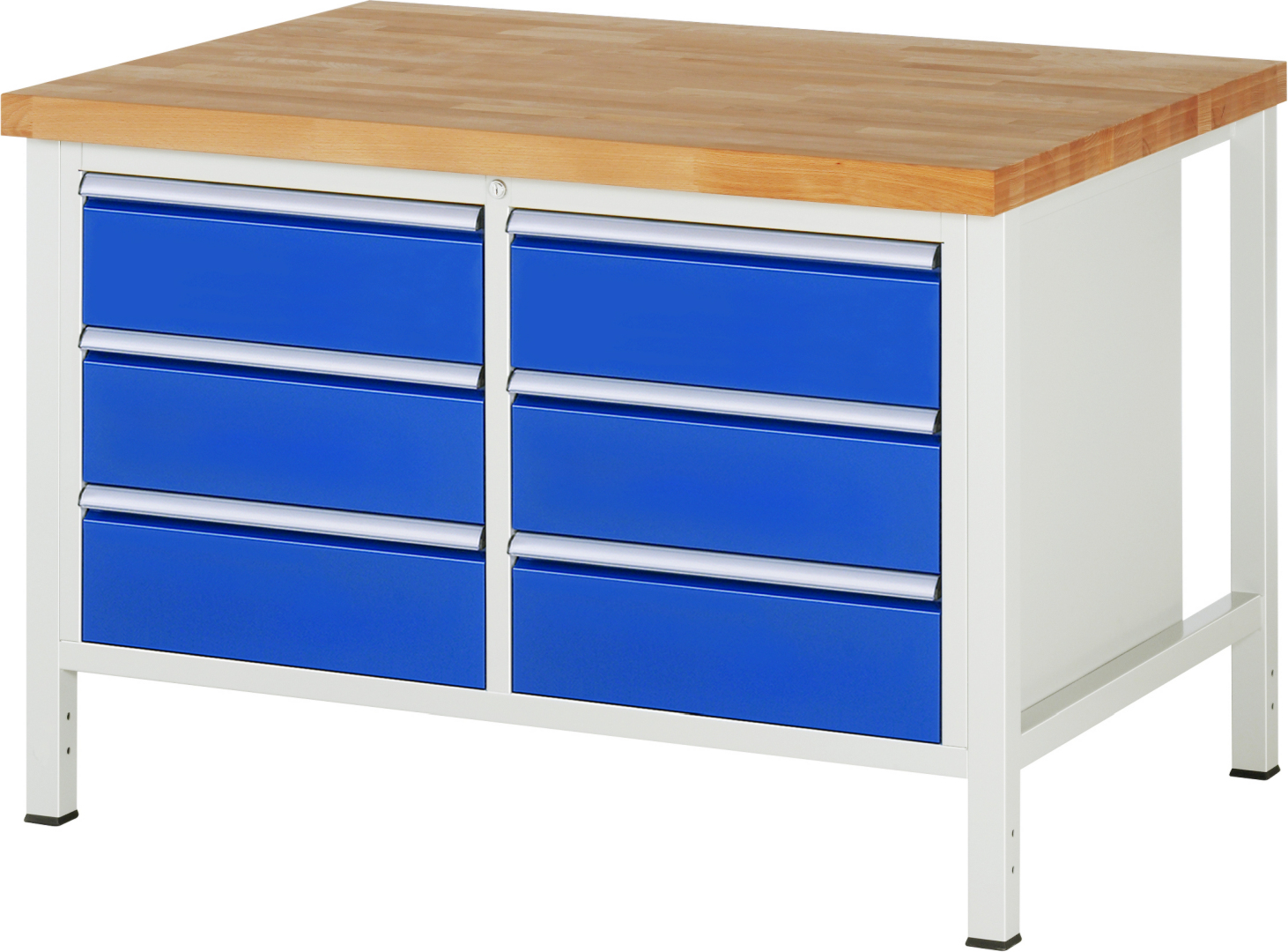 Werkbank Modell 8473 schwarz, BxTxH 1250x900x840 mm,  Buche-Massiv Arbeitsplatte 40 mm,  6 Schubladen mit  Auszug 90 %