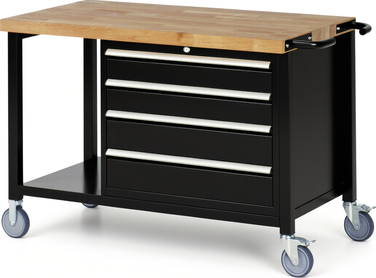 Fahrbare Werkbank Modell 8262 schwarz, BxTxH 1250x700x880 mm,  Buche-Massiv Arbeitsplatte 40 mm,  4 Schubladen mit  Auszug 90 %