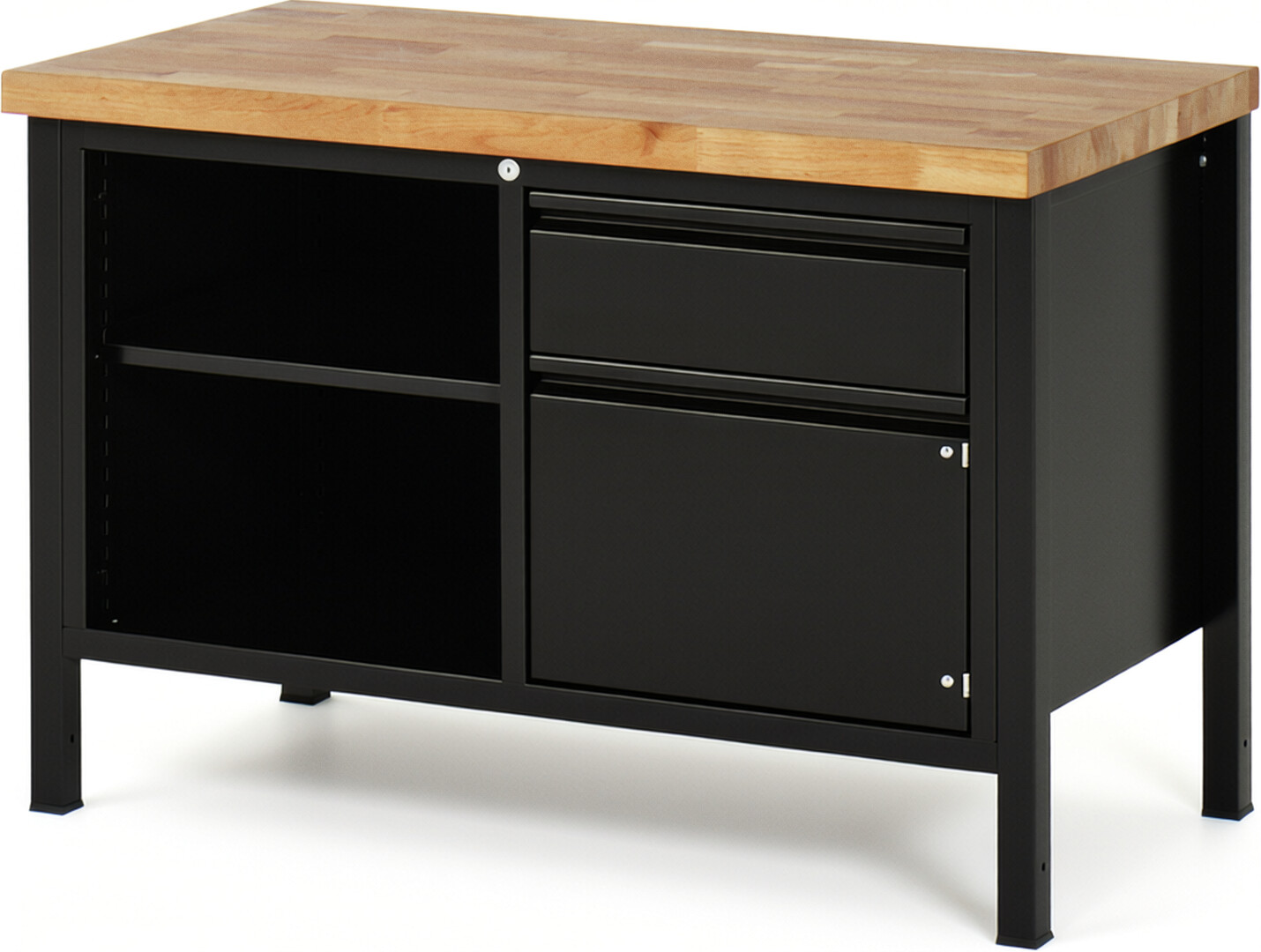 Werkbank - Modell 8461 BASIC schwarz, BxTxH 1250x700x840-1040 mm,  Buche-Massiv Arbeitsplatte 40 mm,  1 Schublade mit  Auszug 90 %