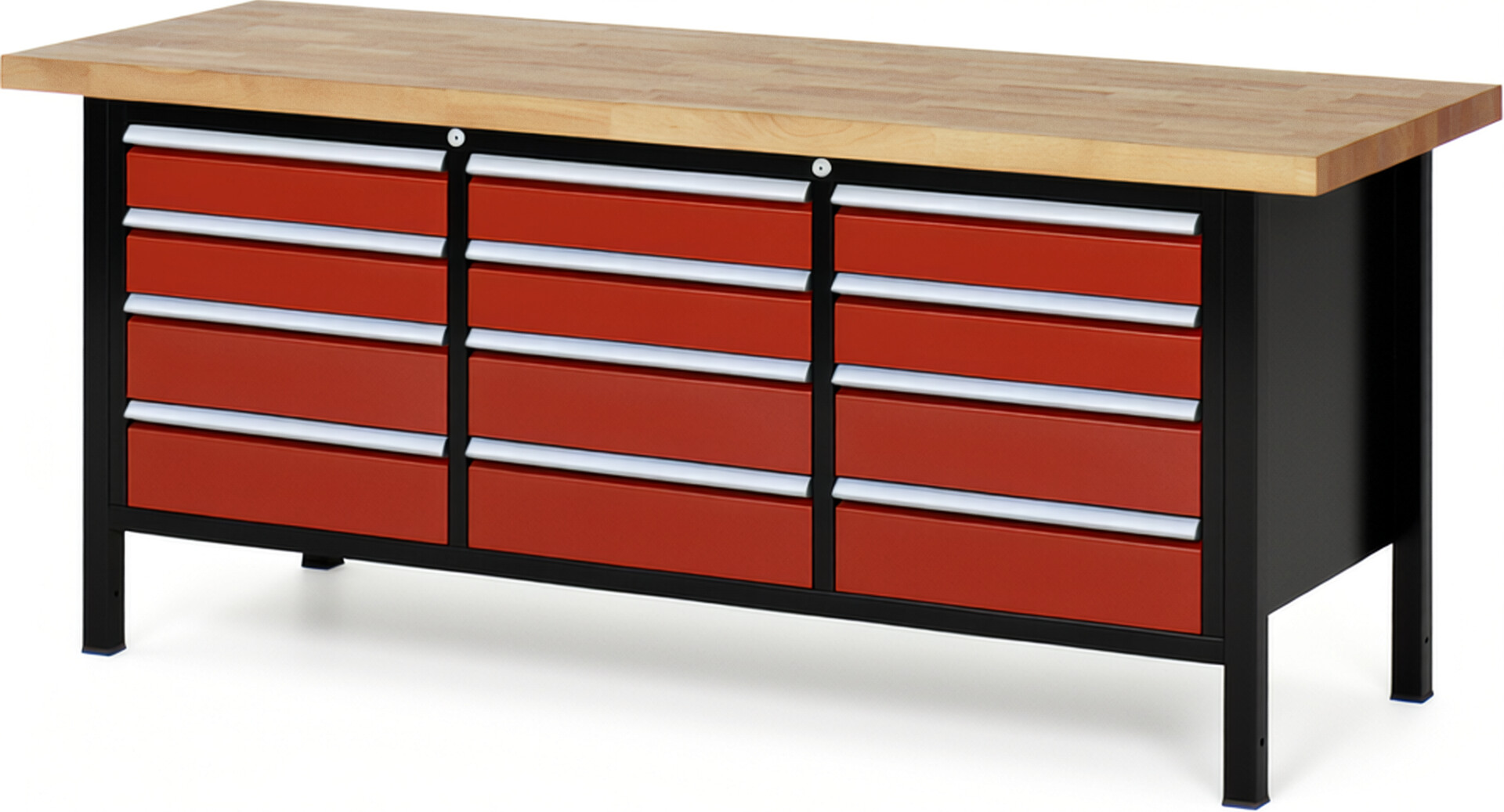 RAU Werkbank schwarz - rot - Breite 200 cm - Tiefe 70 cm - Höhe 104 cm - Buche-Massiv Arbeitsplatte 40 mm