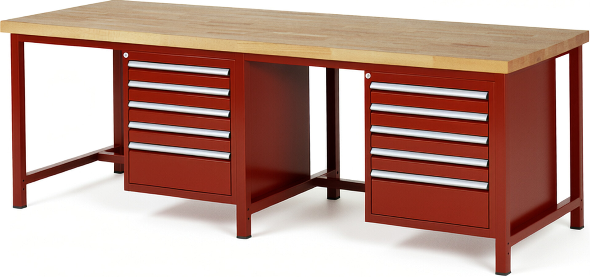 Werkbank Modell 8168 rot, BxTxH 2500x900x840-1040 mm,  Buche-Massiv Arbeitsplatte 40 mm,  10 Schubladen mit  Vollauszug 100 % und  SoftClosing