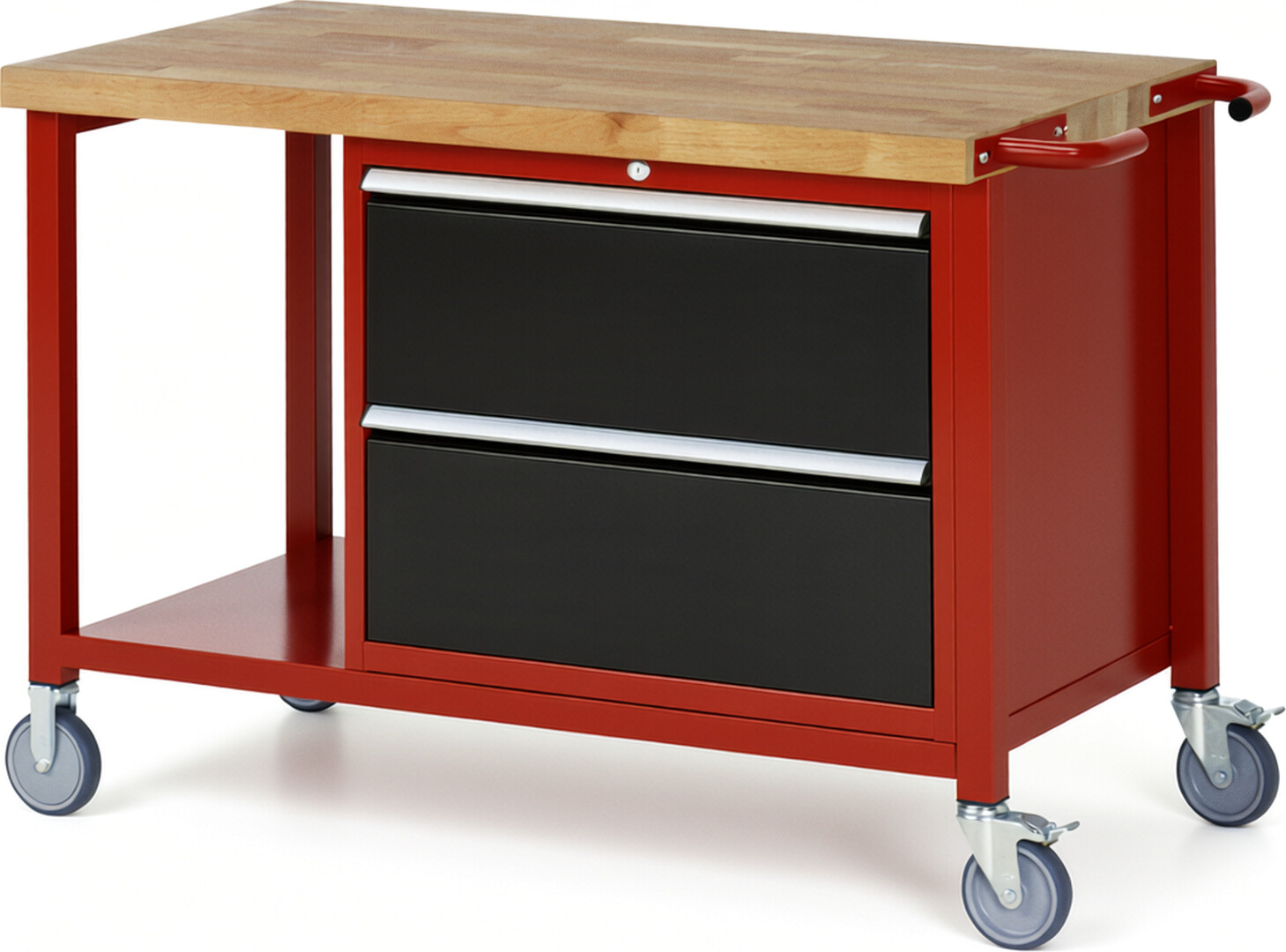 Fahrbare Werkbank Modell 8255 rot - schwarz, BxTxH 1250x700x880-1080 mm,  Buche-Massiv Arbeitsplatte 40 mm,  2 Schubladen mit  Vollauszug 100 % und  SoftClosing