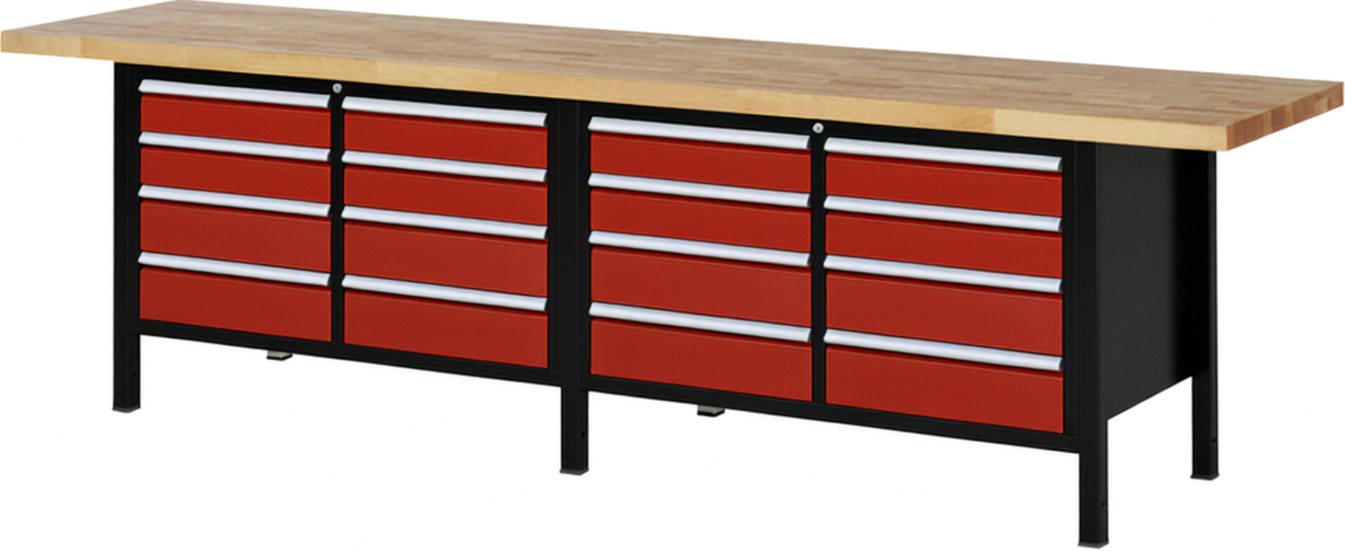 RAU Werkbank schwarz - rot - Breite 300 cm - Tiefe 70 cm - Höhe 104 cm - Buche-Massiv Arbeitsplatte 40 mm