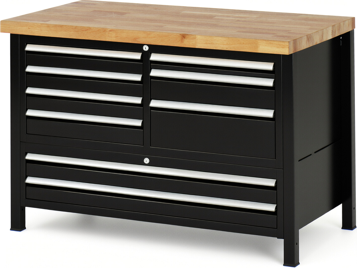 Werkbank Modell 8933 schwarz, BxTxH 1250x700x840 mm,  Buche-Massiv Arbeitsplatte 40 mm,  9 Schubladen mit  Auszug 90 %