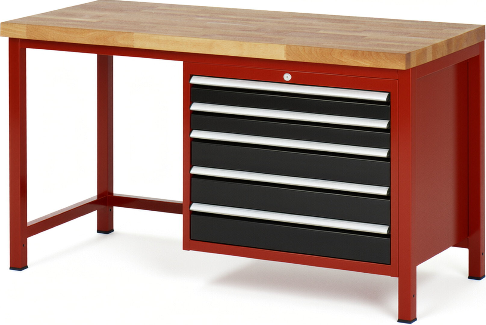Werkbank Modell 8271 rot - schwarz, BxTxH 1500x700x840-1040 mm,  Buche-Massiv Arbeitsplatte 40 mm,  5 Schubladen mit  Vollauszug 100 % und  SoftClosing