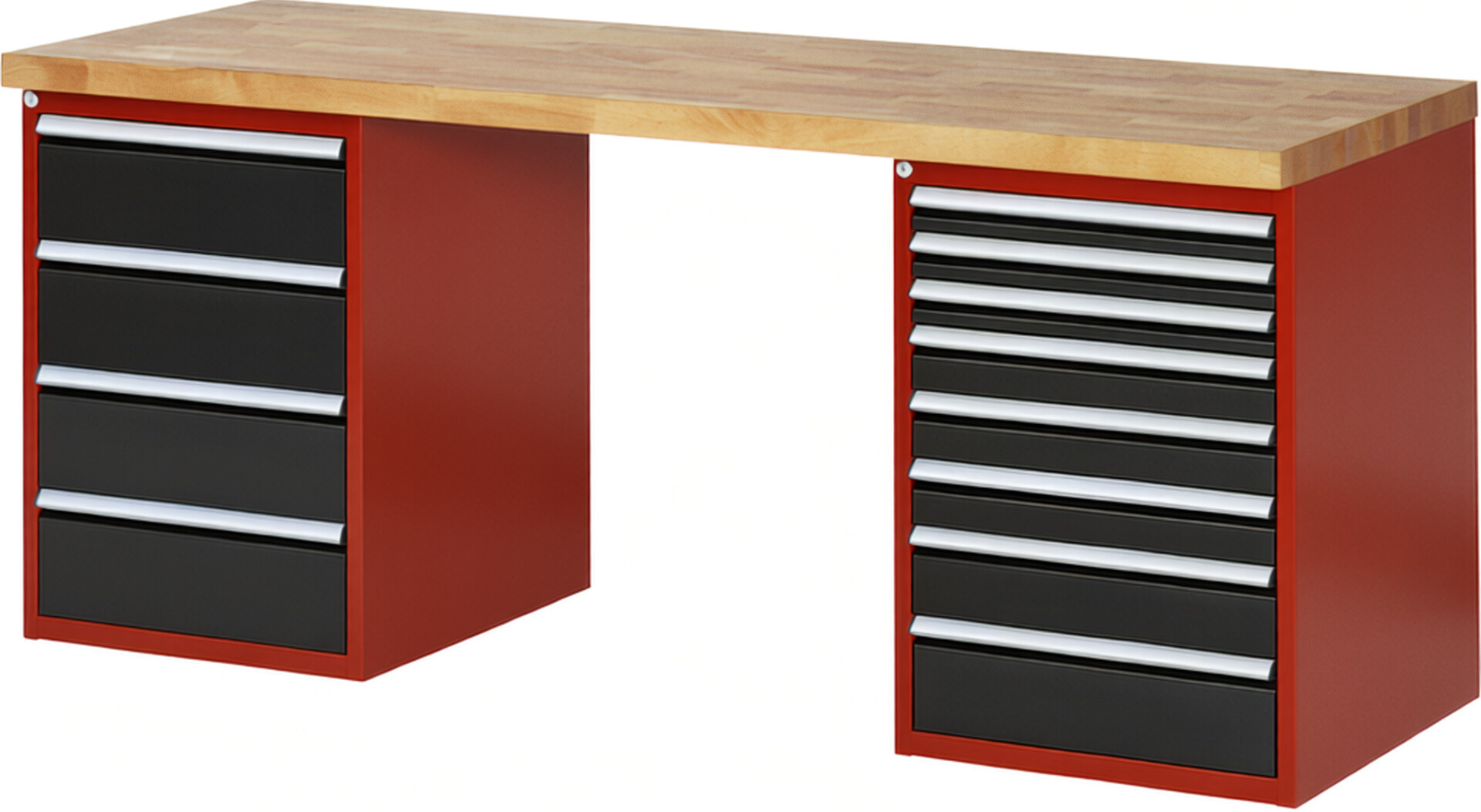Werkbank Modell 7822 rot - schwarz, BxTxH 2000x700x840 mm,  Buche-Massiv Arbeitsplatte 40 mm,  12 Schubladen mit  Auszug 90 %