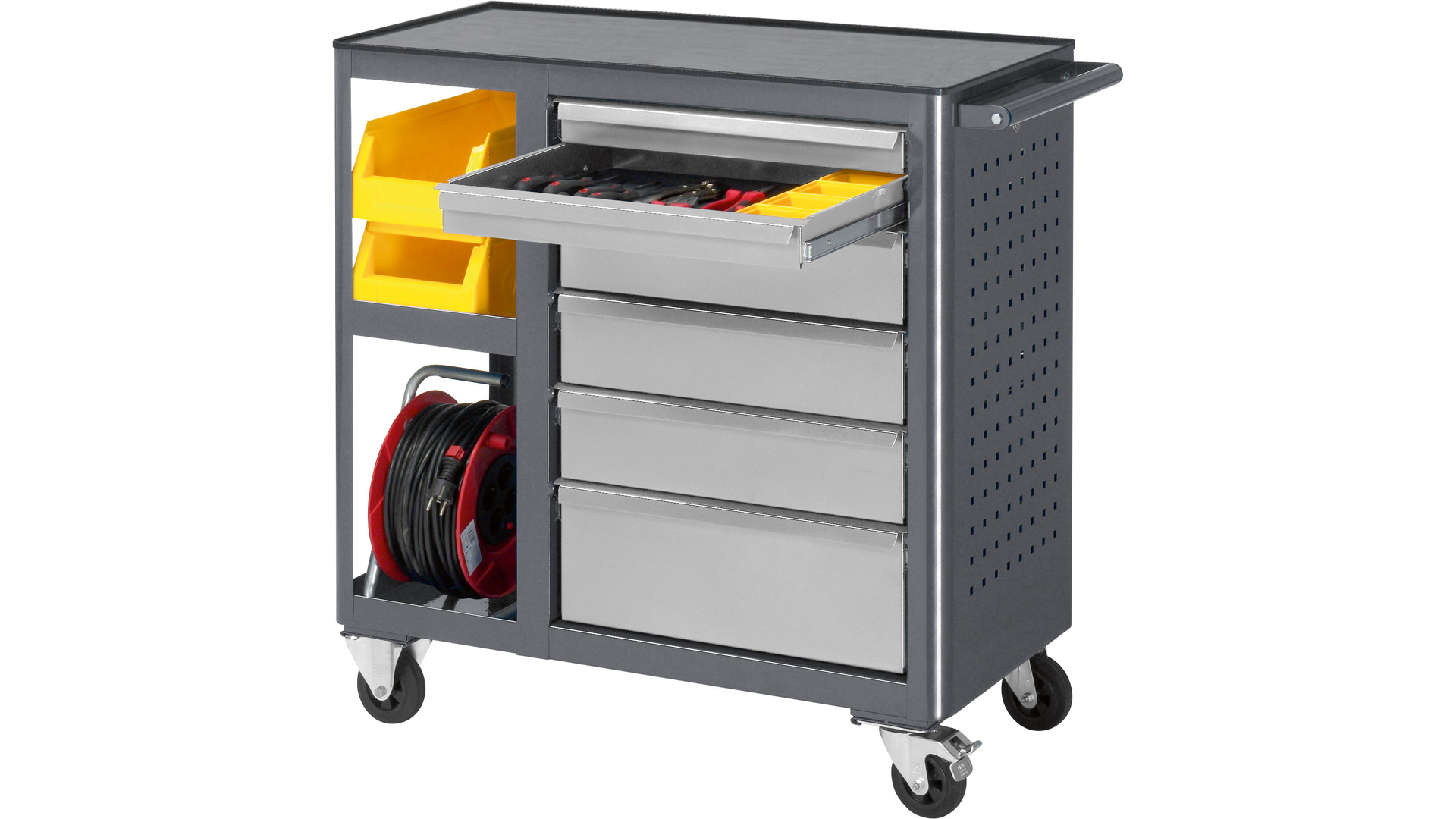 Werkstattwagen, Rollwerkbank mit ABS-Ablage, 6 Schubladen: 2x65,3x125, 1x190 mm, 2 Ablagefächer, BxTxH 960x450x950 mm, RAL7016/RAL7035