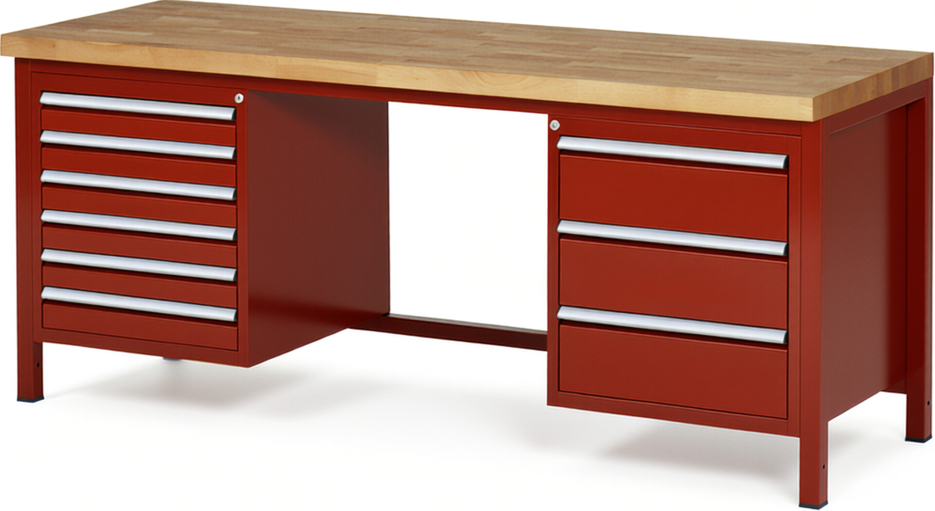Werkbank Modell 8183 rot, BxTxH 2000x700x840-1040 mm,  Buche-Massiv Arbeitsplatte 40 mm,  9 Schubladen mit  Auszug 90 %