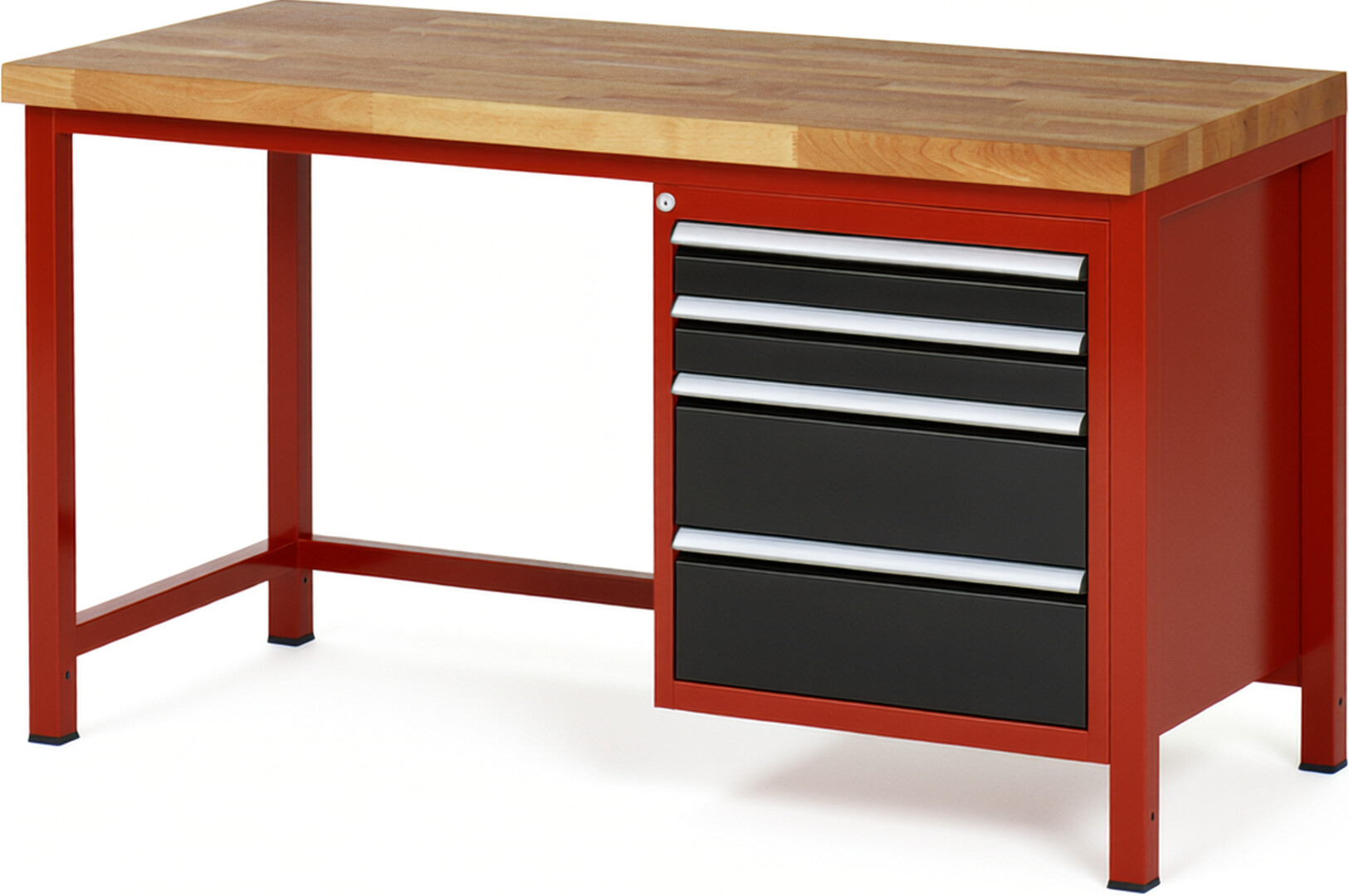 Werkbank Modell 8161 rot - schwarz, BxTxH 1500x700x840-1040 mm,  Buche-Massiv Arbeitsplatte 40 mm,  4 Schubladen mit  Vollauszug 100 % und  SoftClosing
