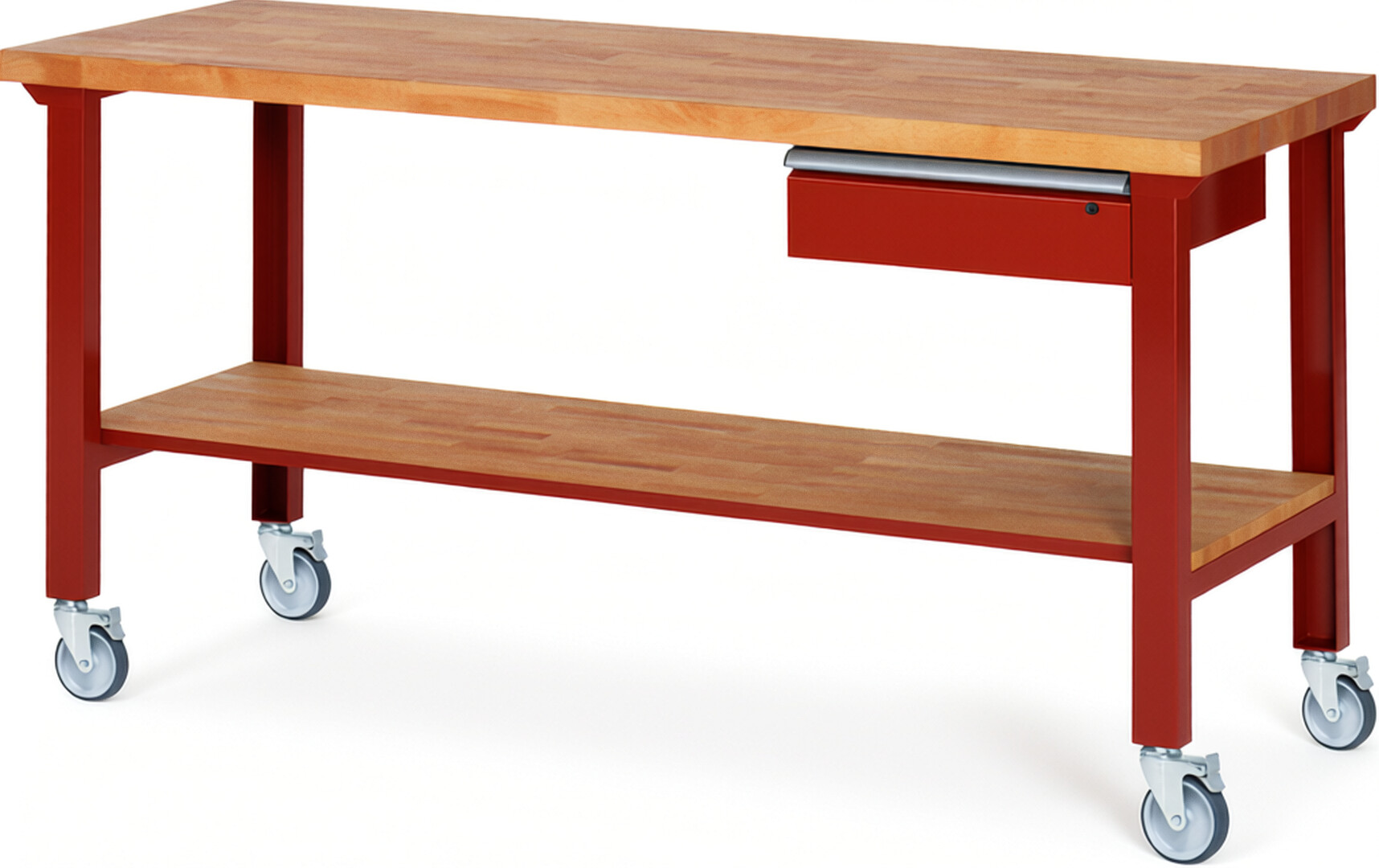 Fahrbare Werkbank Modell 7001 rot, BxTxH 2000x700x1000 mm,  Buche-Massiv Arbeitsplatte 40 mm,  1 Schublade mit  Auszug 90 %