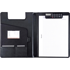 Schreibmappe A4, Lederimitat, Klemmbrett mit integriertem Taschenrechner, schwarz