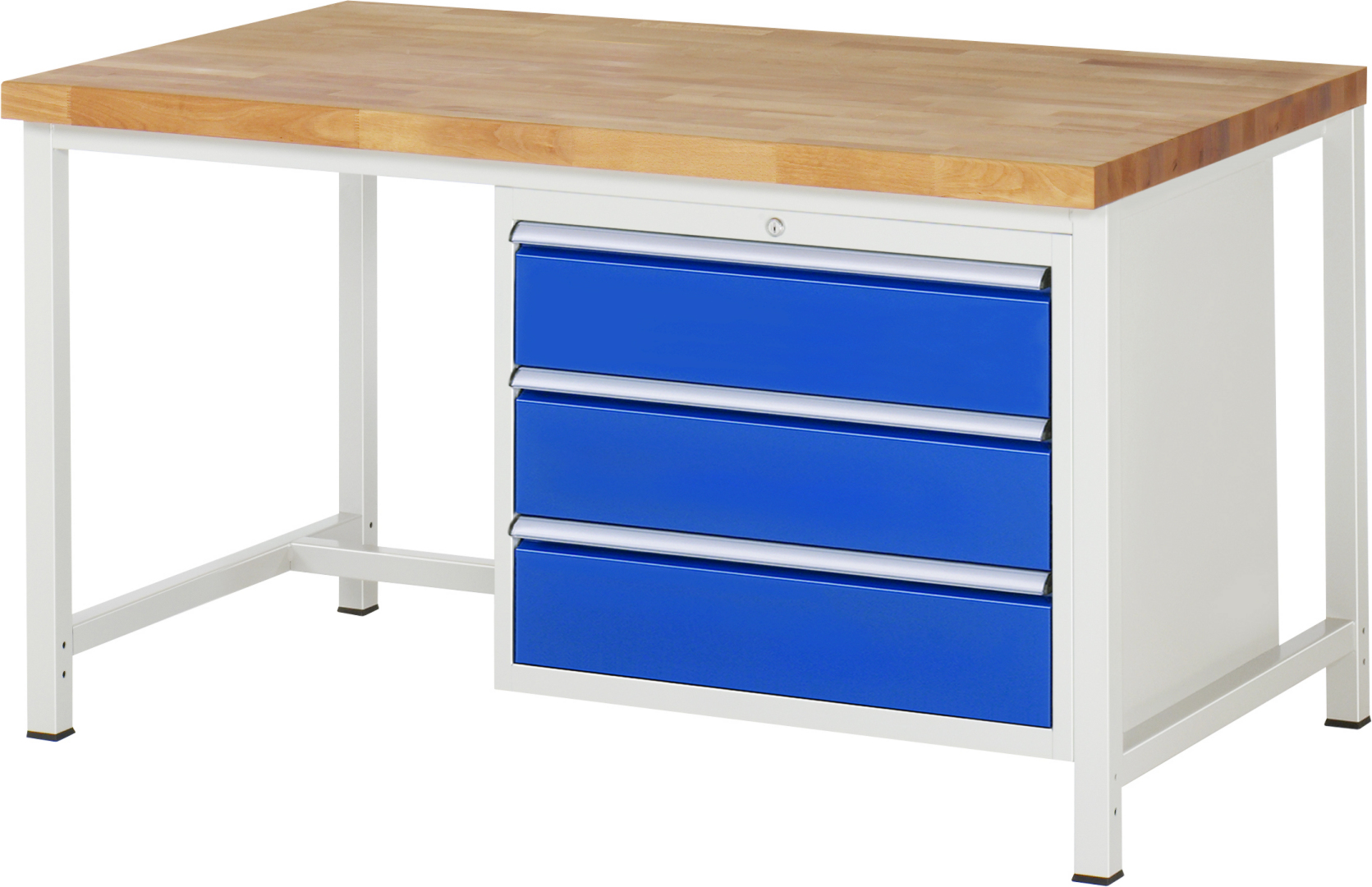 Werkbank Modell 8257,  BxTxH 1500x900x840-1040 mm,  Buche-Massiv Arbeitsplatte 40 mm,  3 Schubladen mit  Auszug 90 %