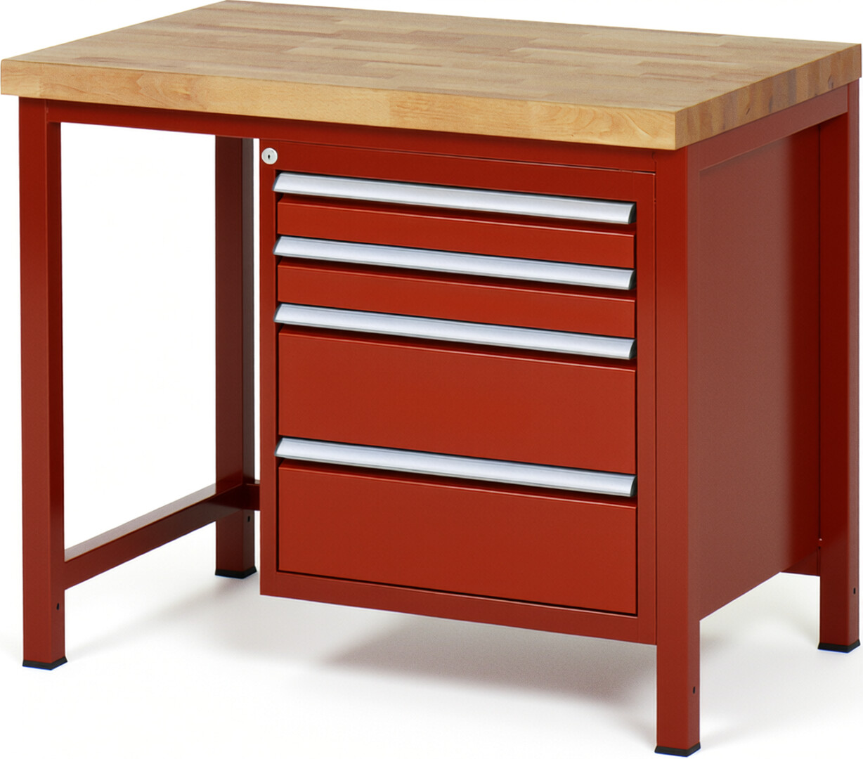 Werkbank Modell 8161 rot, BxTxH 1000x700x840-1040 mm,  Buche-Massiv Arbeitsplatte 40 mm,  4 Schubladen mit  Auszug 90 %